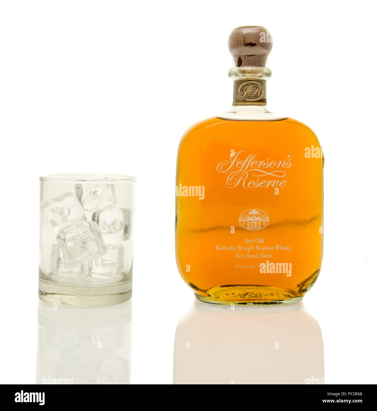 Winneconne, WI - 19 March 2016:  A bottle of Jefferson's reserve bourbon whisky with a glass of ice. Stock Photo