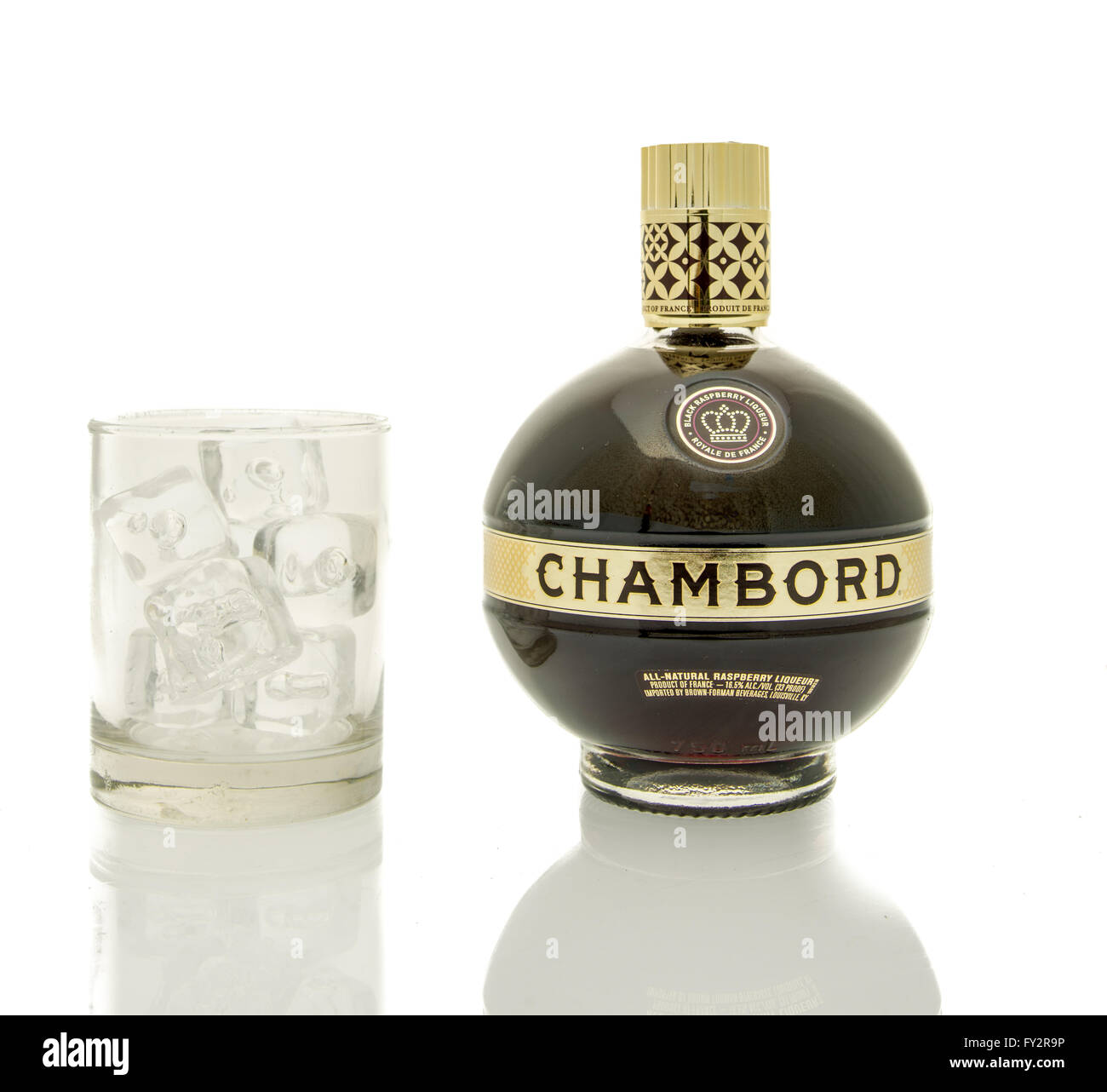 Winneconne, WI - 19 March 2016:  A bottle of Chambord Liqueur with a glass of ice. Stock Photo