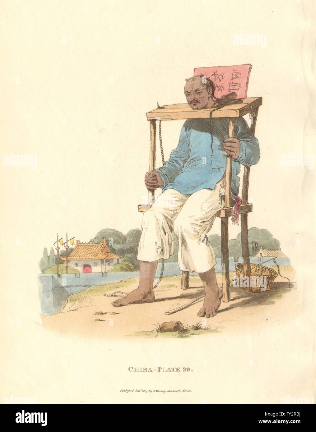 CHINA. Punishment Tcha, Cangue (pillory, stocks) . ALEXANDER , old print 1814 Stock Photo