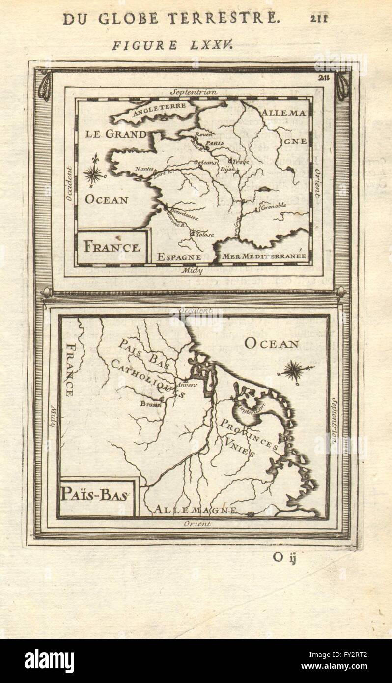 FRANCE & BENELUX: 'Païs-Bas' orientated west. MALLET, 1683 antique map Stock Photo