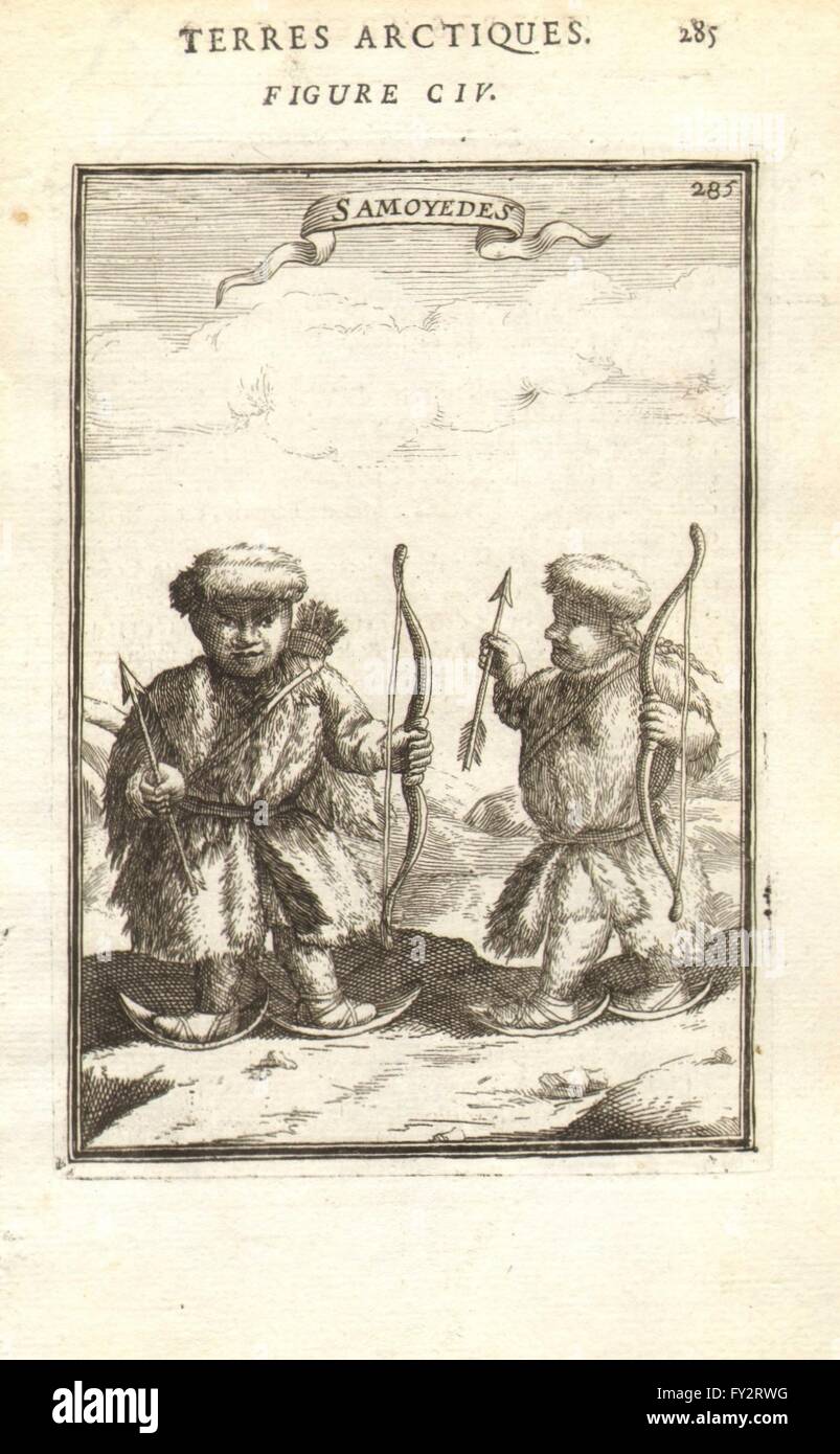 RUSSIAN ARCTIC: 'Samoyedes. Samoyedic people. Snow shoes. Bows. MALLET, 1683 Stock Photo