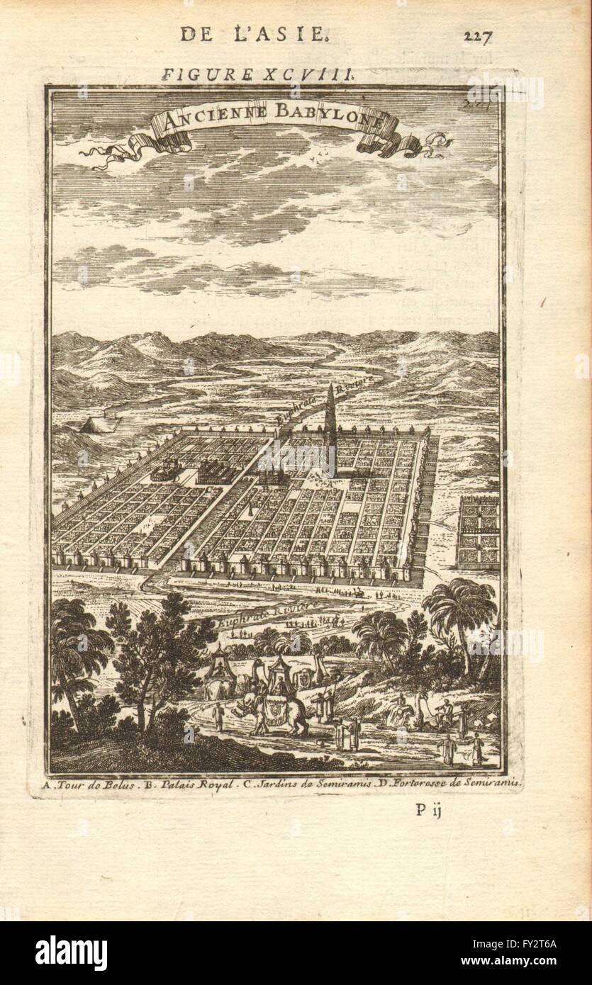 BABYLON: shows Tower of Belus (Babel) . Hanging Gardens. Semiramis. MALLET, 1683 Stock Photo