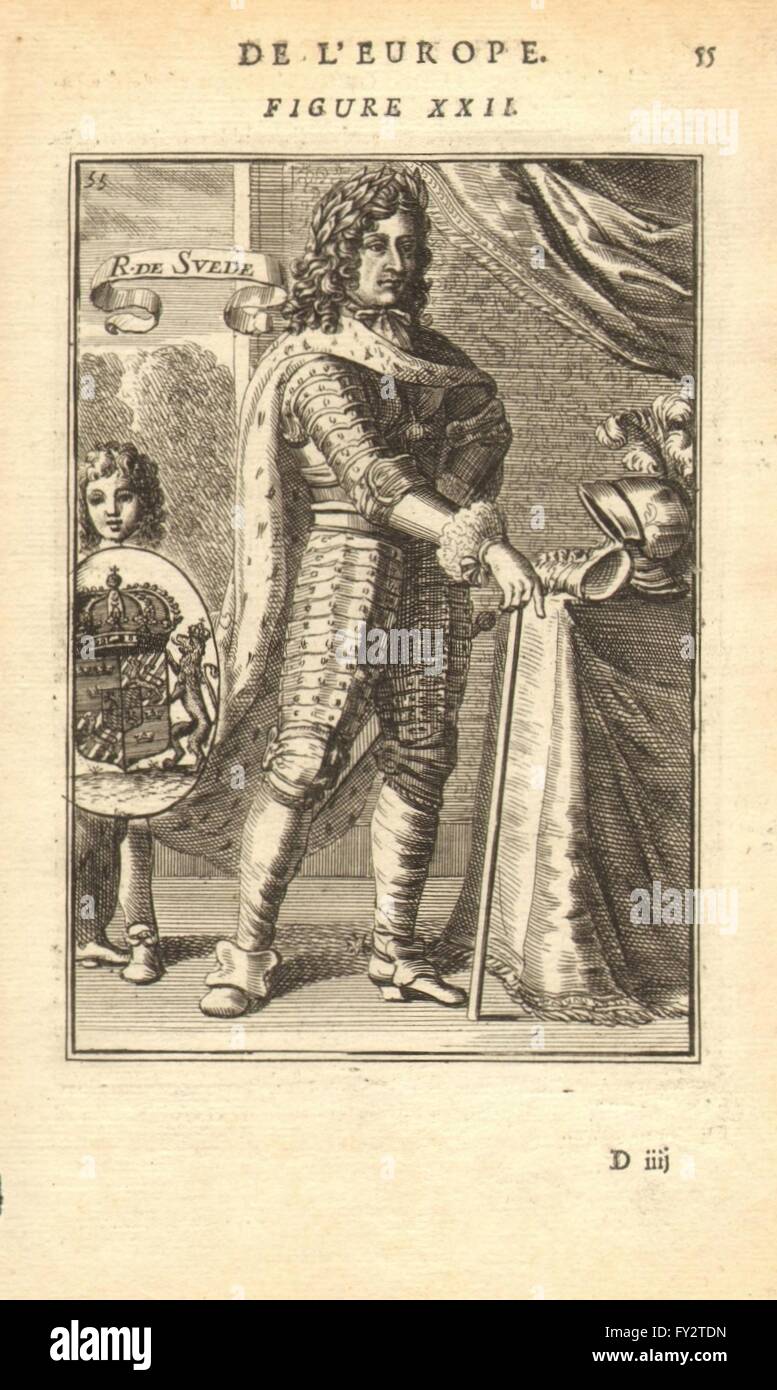 KING CHARLES (KARL) XI OF SWEDEN: Wearing armour. Coats of arms. MALLET, 1683 Stock Photo