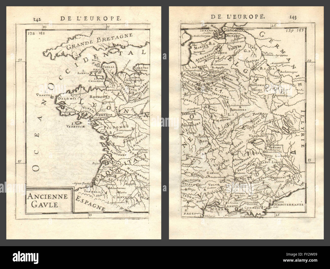 ANCIENT GAUL:Gallic tribes Roman towns.Ancienne Gaule.2 sheets.MALLET, 1683 map Stock Photo