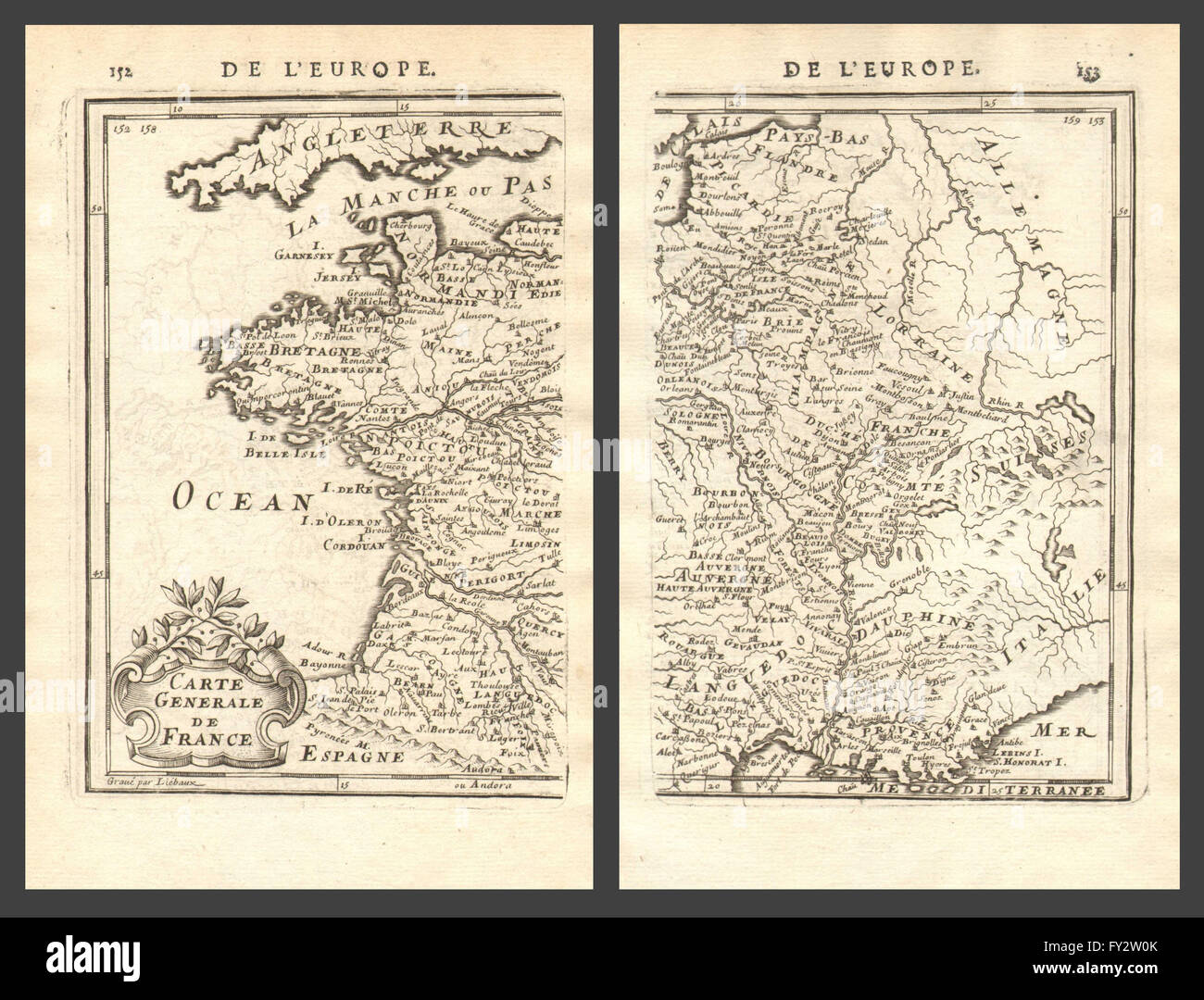 Towns 'Carte Generale' MALLET 1683 old map rivers & provinces FRANCE 