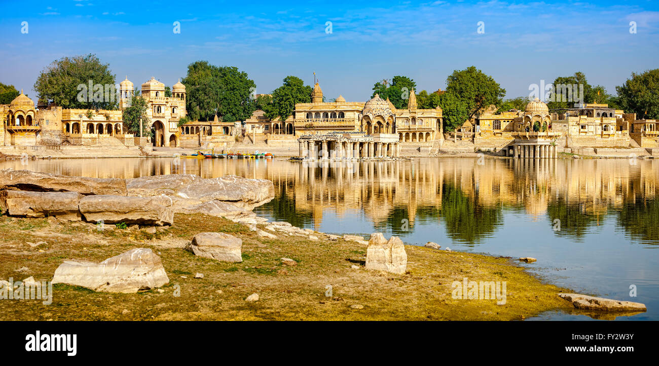 Gadi Sagar (Gadisar) Lake is one of the most important tourist attractions in Jaisalmer, Rajasthan, North India. Stock Photo