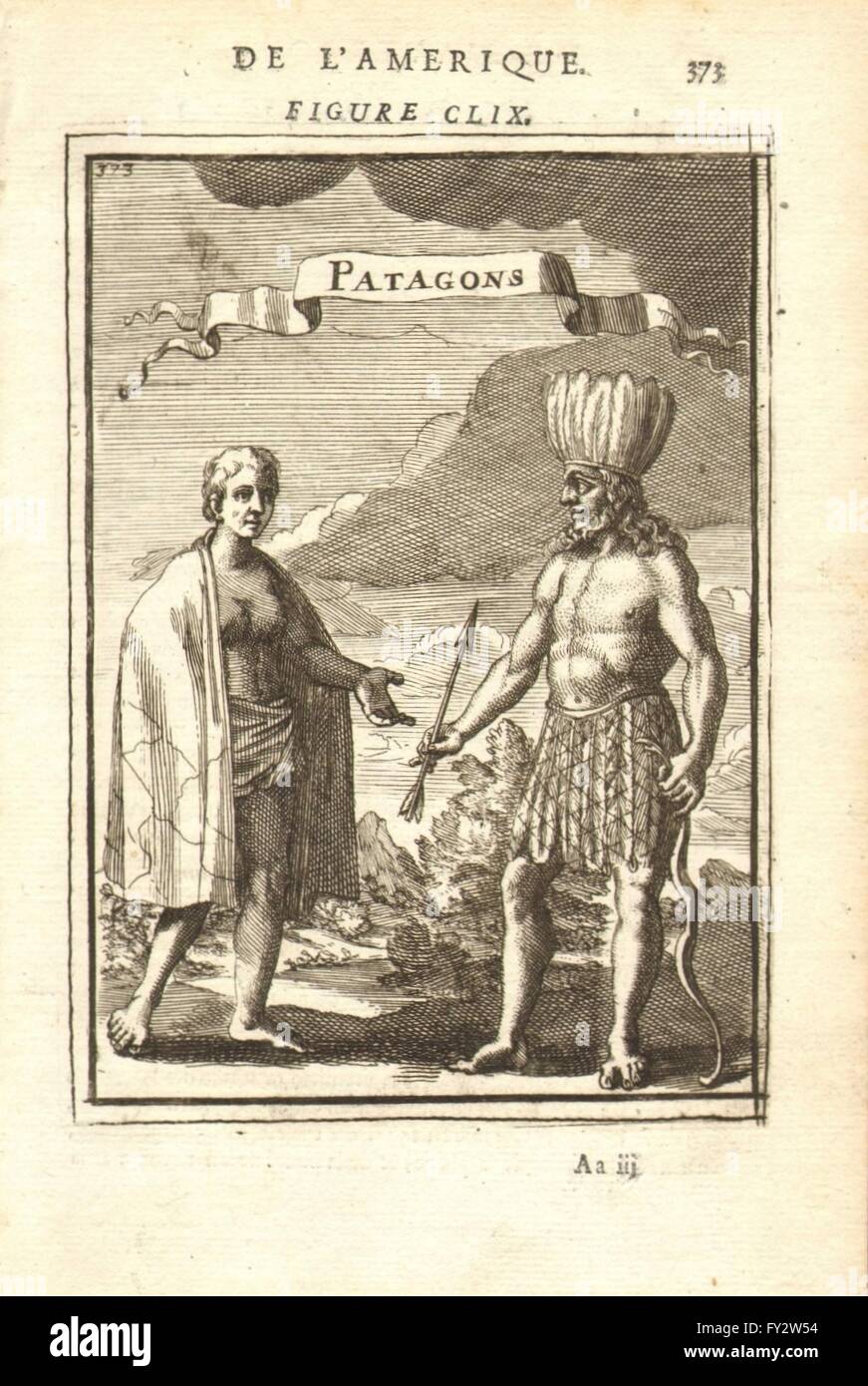 PATAGONIA:Amerindians.Headdress.Weapons.'Patagons.Argentina Chile.MALLET, 1683 Stock Photo