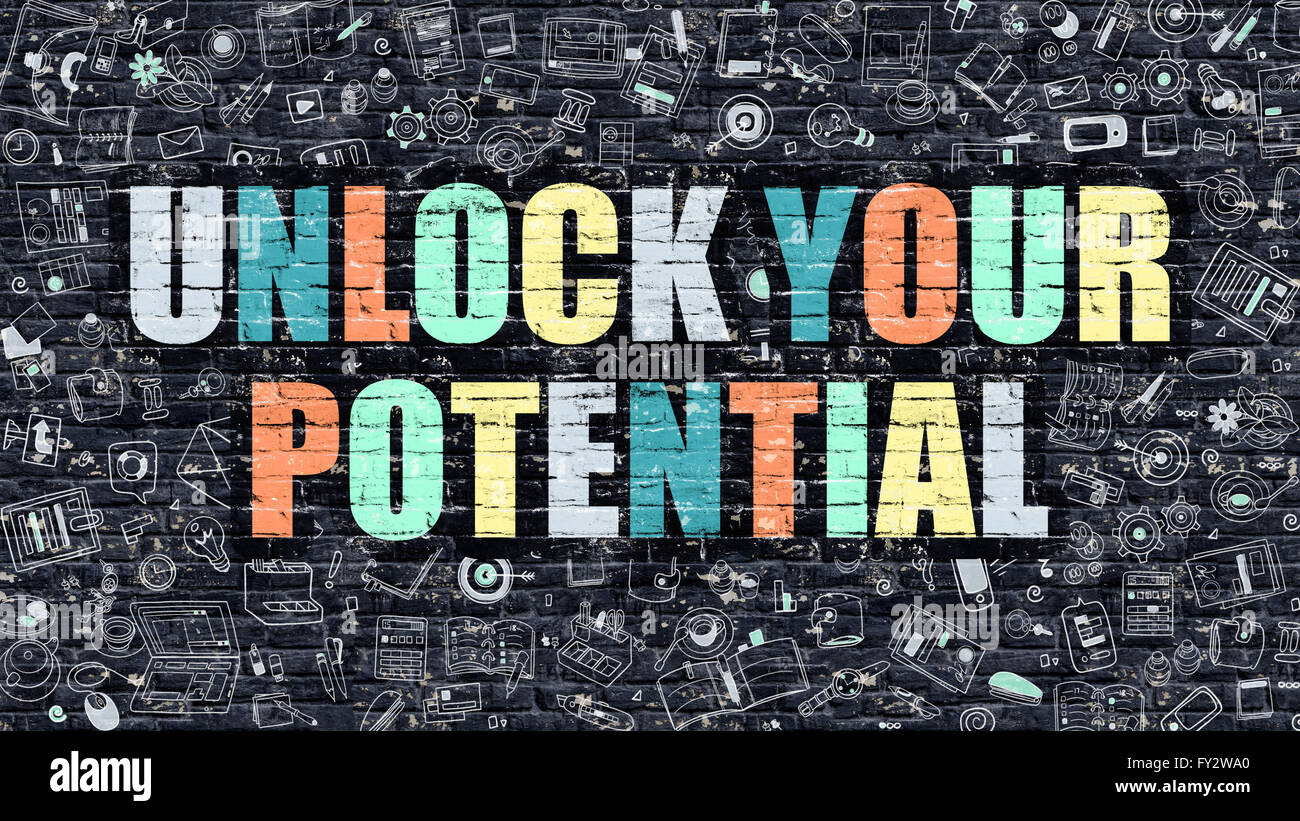 Multicolor Unlock Your Potential on Dark Brickwall. Doodle Style. Stock Photo