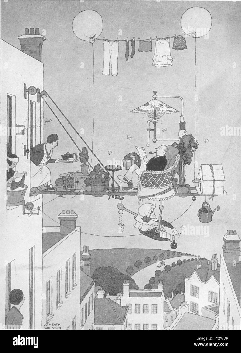 HEATH ROBINSON: How to enjoy the amenities of a back garden in a top flat, 1935 Stock Photo