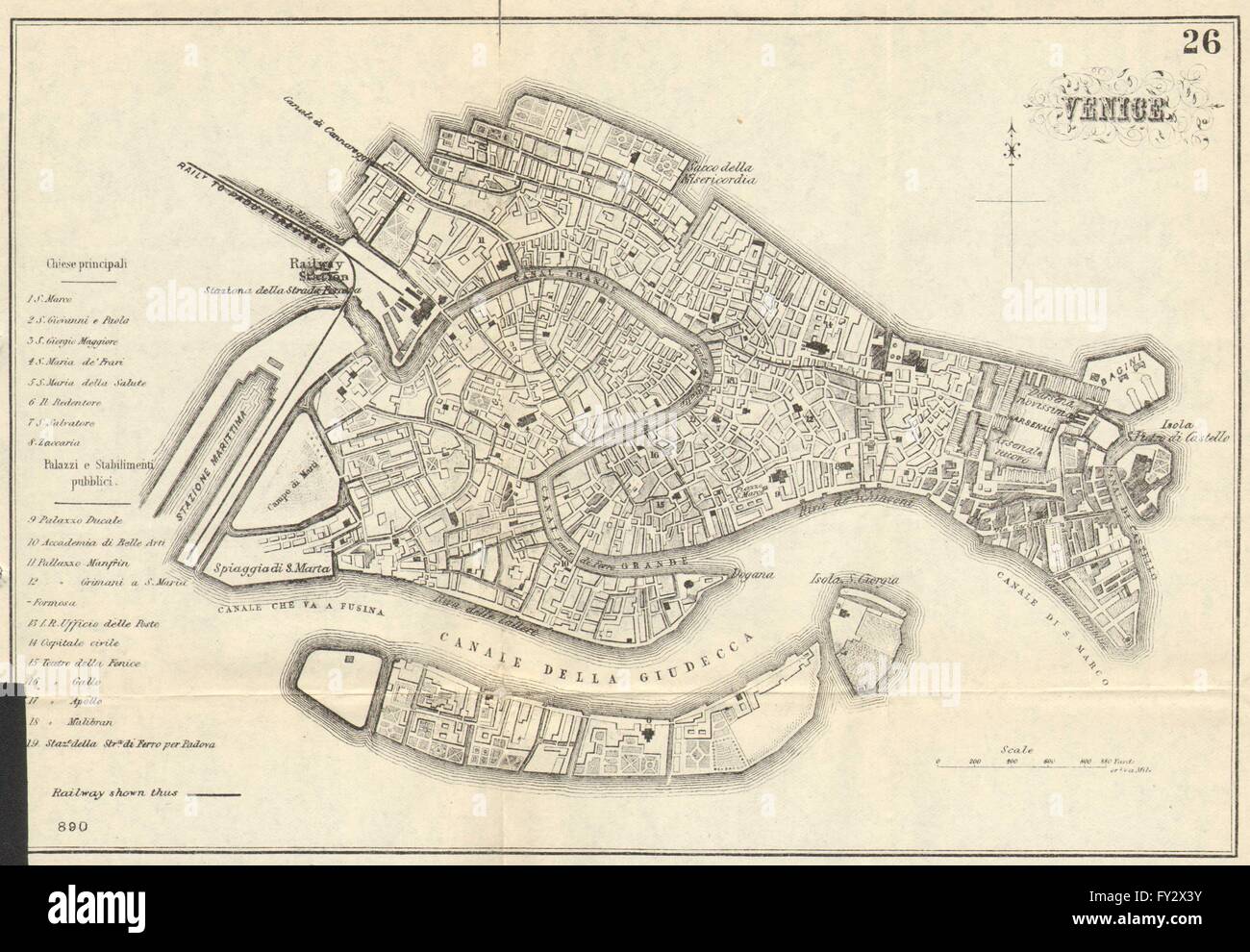 VENICE VENEZIA: Antique town plan. City map. Italy. BRADSHAW, 1890 Stock Photo