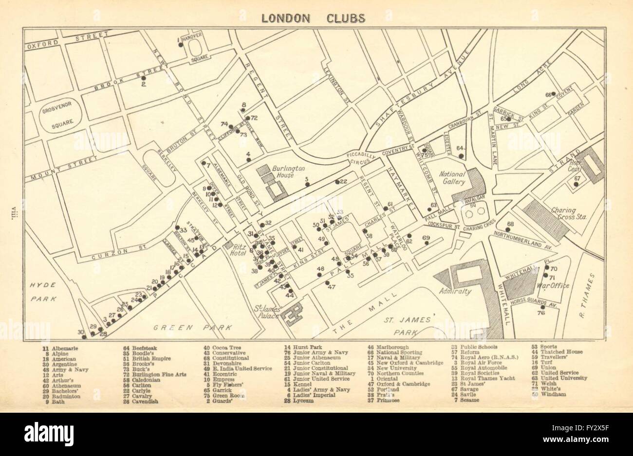 LONDON GENTLEMENS CLUBS: St James's Mayfair Piccadilly Whitehall, 1925 old map Stock Photo