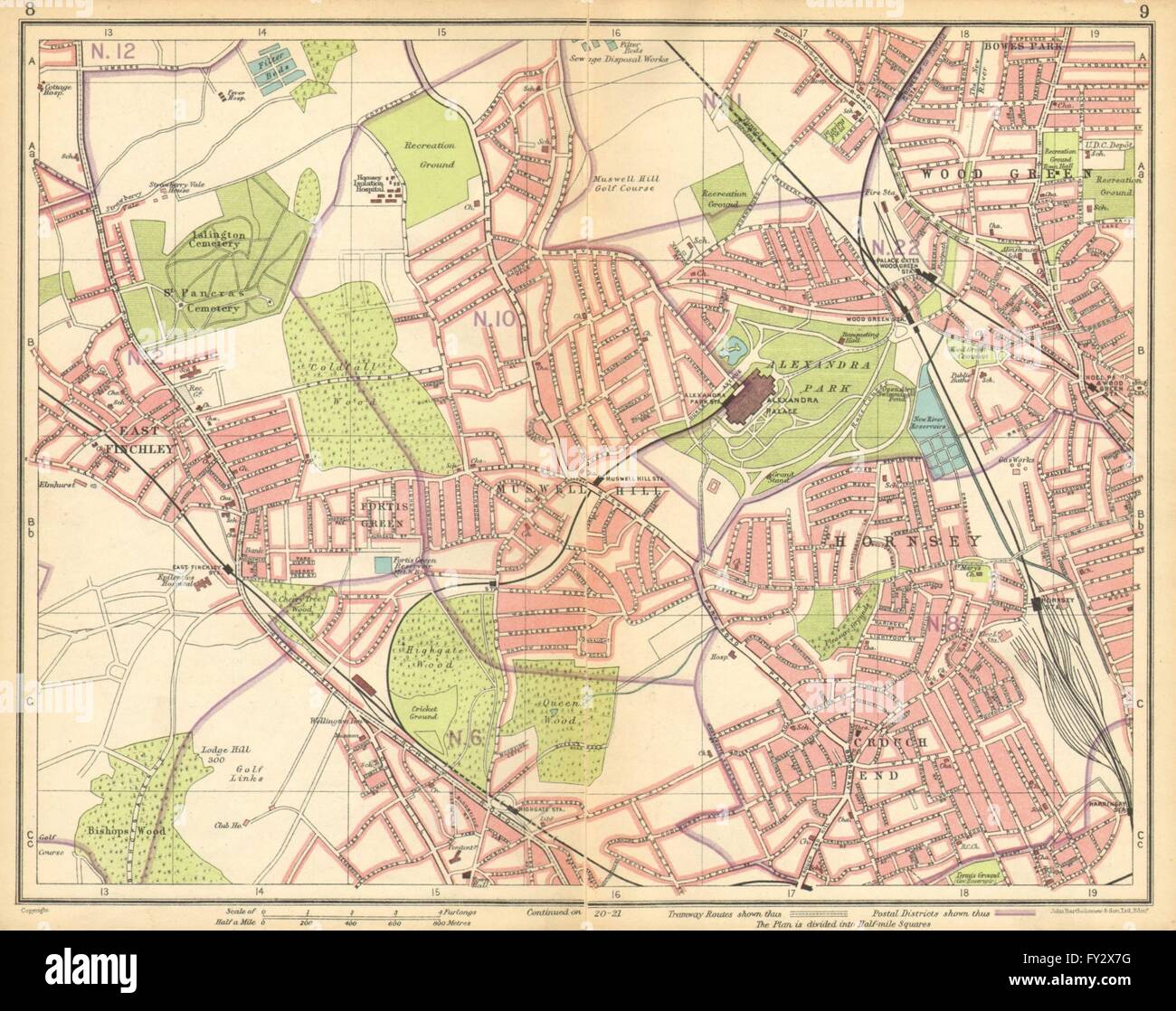 LONDON N: Muswell Hill Alexandra Park Wood Green Finchley Crouch End, 1925 map Stock Photo