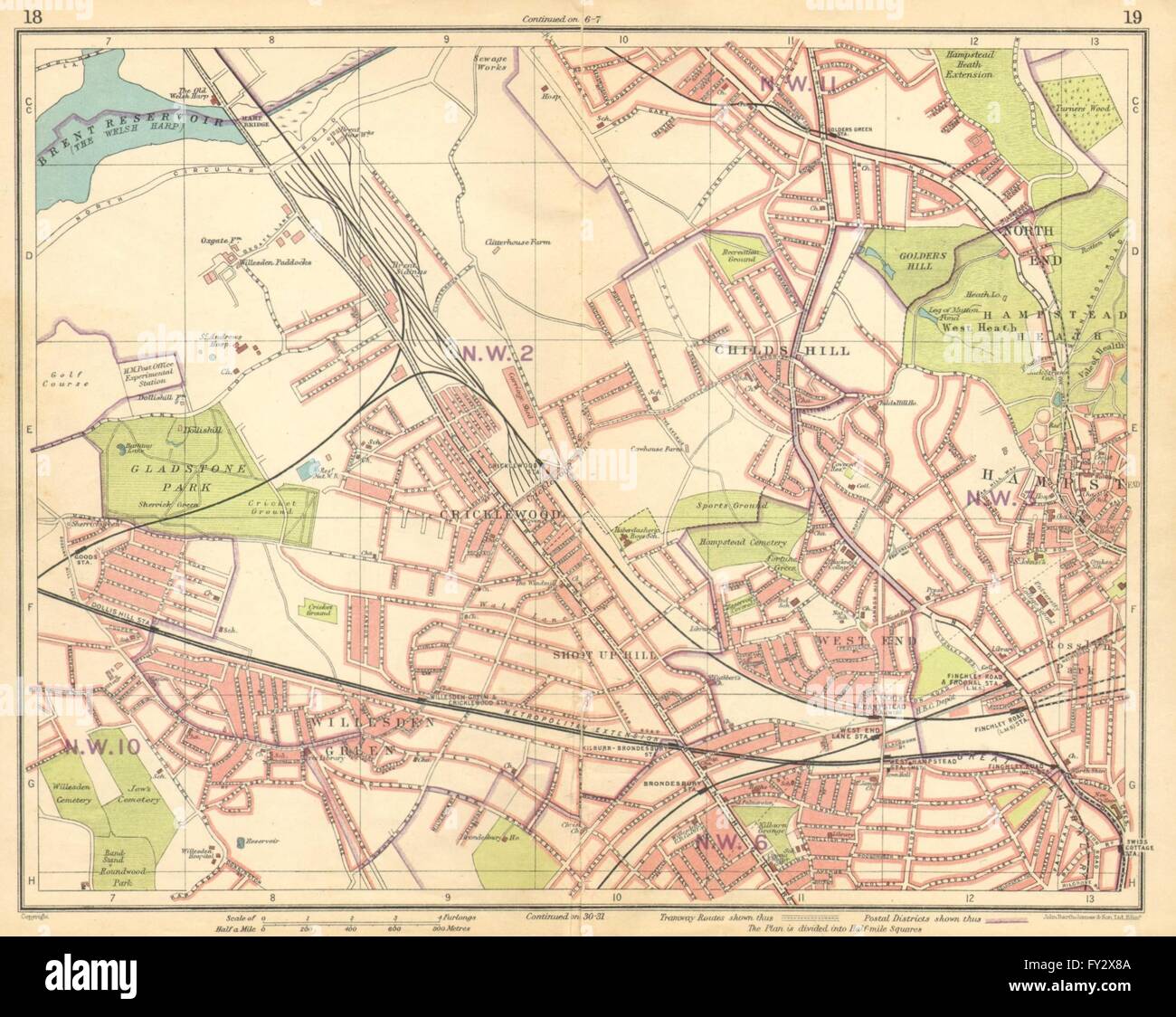LONDON NW: Cricklewood Willesden Green West Hampstead Brondesbury, 1925 map Stock Photo