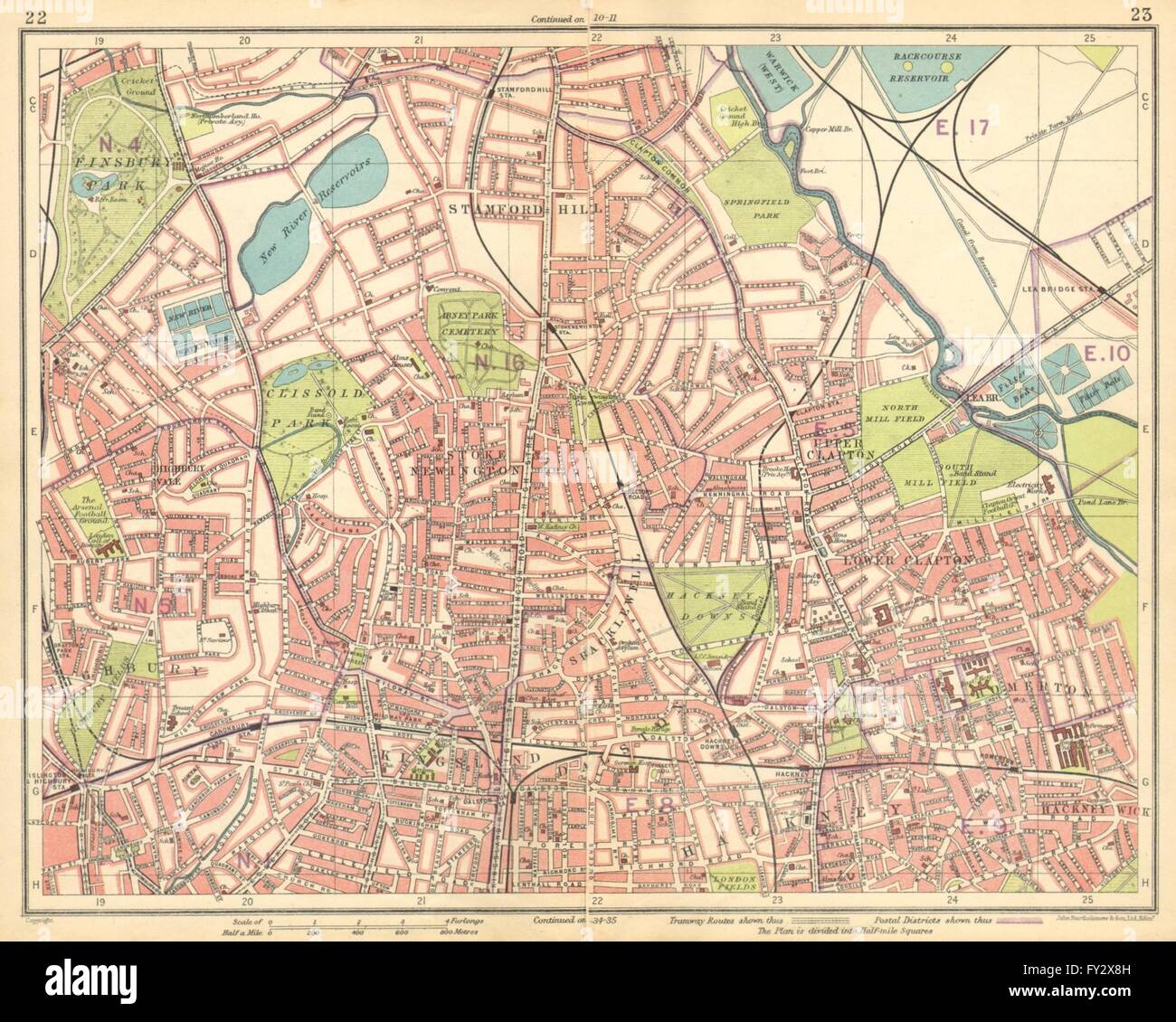 LONDON N: Finsbury Park Clapton Highbury Stamford Hill Kingsland, 1925 old map Stock Photo