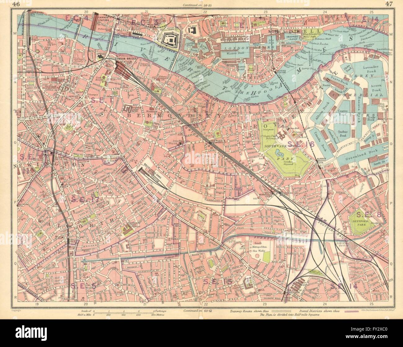 LONDON:Newington Rotherhithe Bermondsey Shadwell Borough Surrey Docks, 1925 map Stock Photo