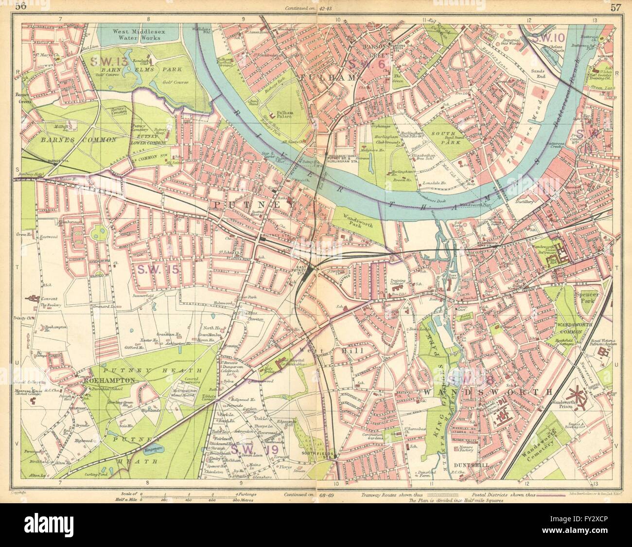 LONDON SW: Putney Wandsworth Fulham Barnes Parson's Green Roehampton, 1925 map Stock Photo