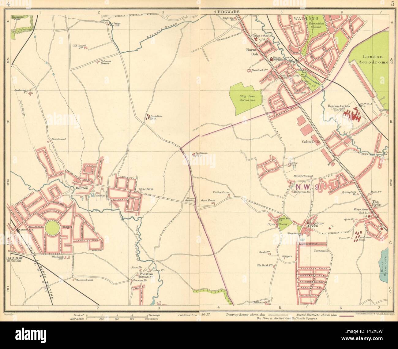 LONDON NW:Colindale Harrow-on-the-Hill Burnt Oak Kingsbury Queensbury, 1930 map Stock Photo