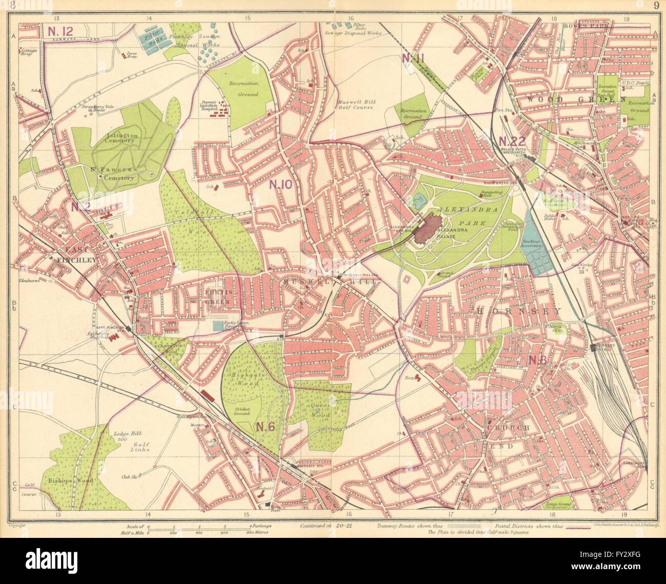 LONDON N: Muswell Hill Hornsey Wood Green Finchley Crouch End, 1930 old map Stock Photo