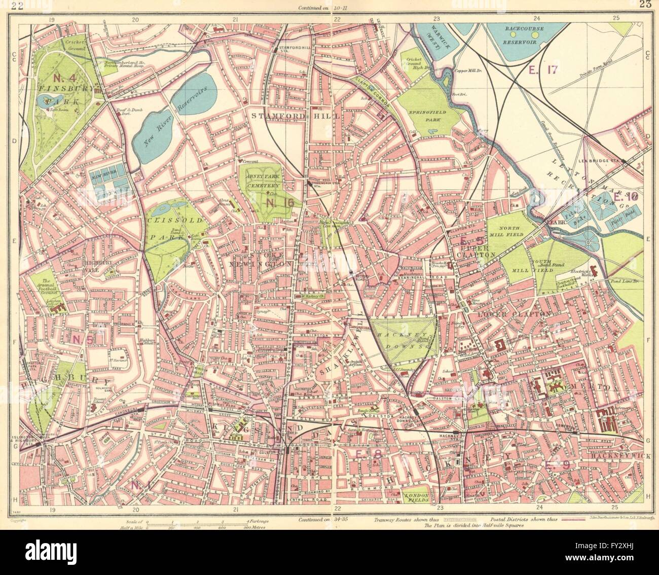 LONDON N:Finsbury Park Clapton Highbury Stamford Hill Stoke Newington, 1930 map Stock Photo