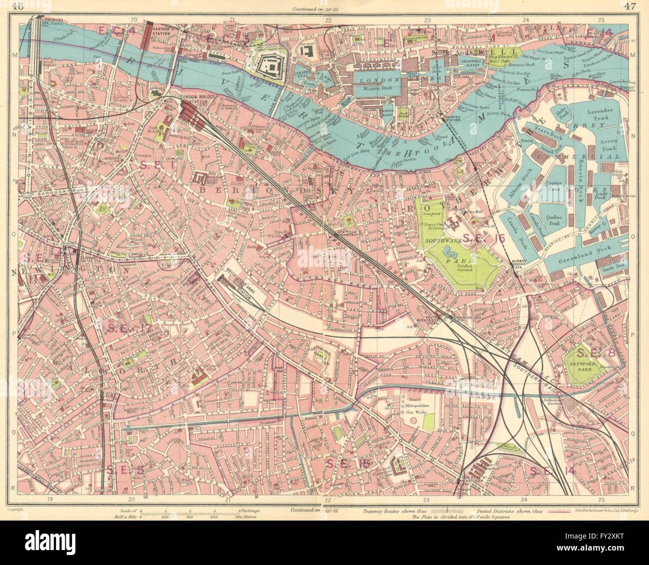 LONDON:Newington Rotherhithe Bermondsey Shadwell Borough Surrey Docks, 1930 map Stock Photo