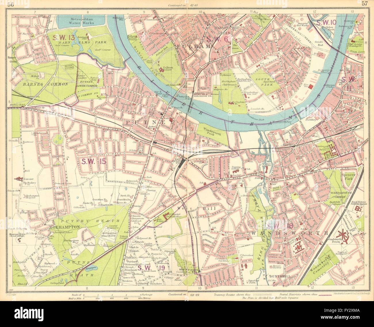 LONDON SW: Putney Wandsworth Fulham Barnes Parson's Green Roehampton, 1930 map Stock Photo