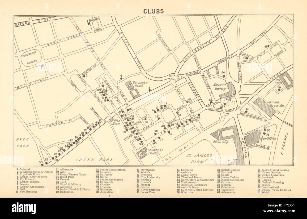 LONDON GENTLEMENS CLUBS: St James's Mayfair Piccadilly Whitehall, 1921 old map Stock Photo