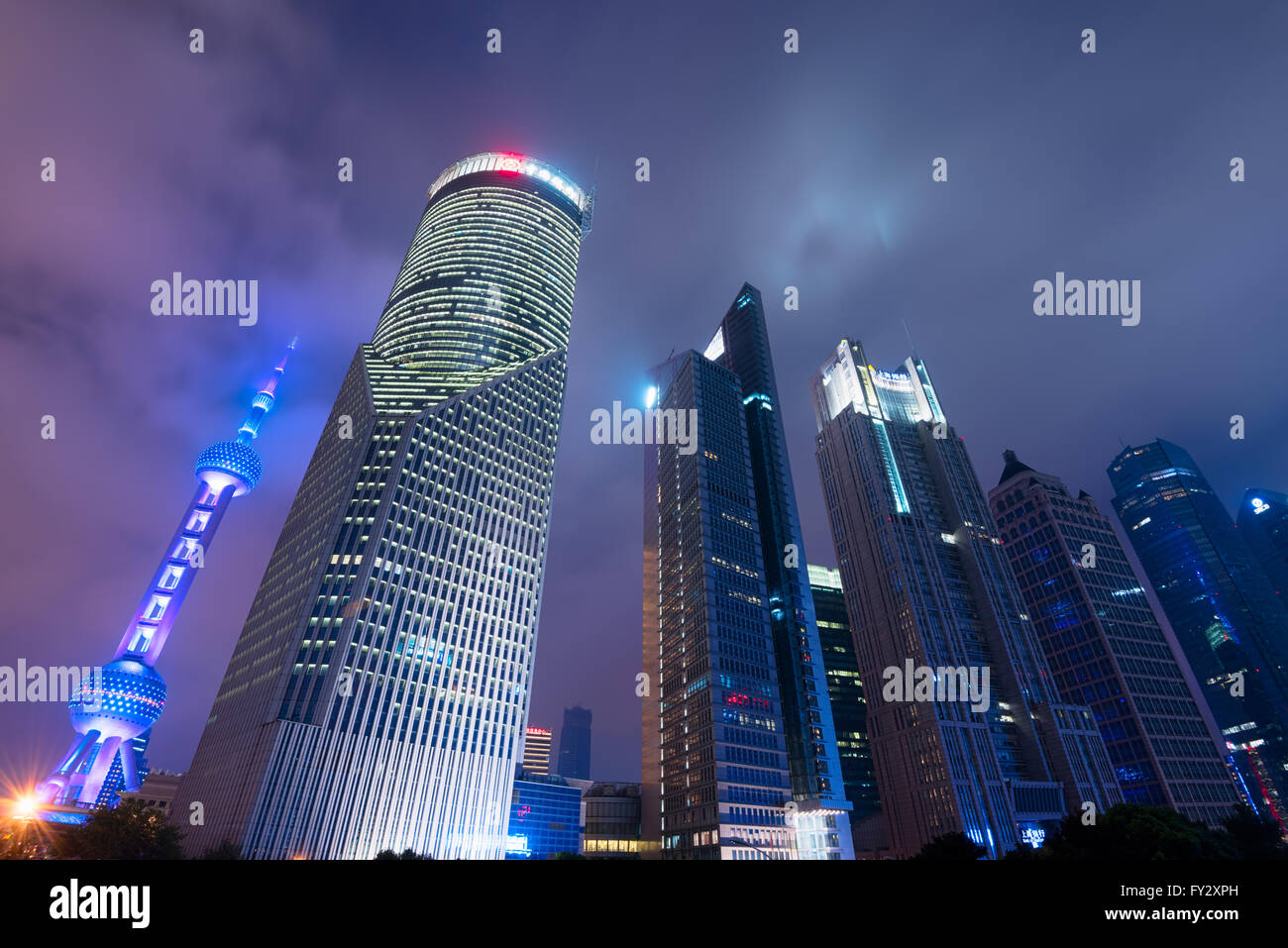 Oriental Pearl Tower and Bank of China Tower at Lujiazui. Since the early 1990s, Lujiazui has been developed specifically as a n Stock Photo