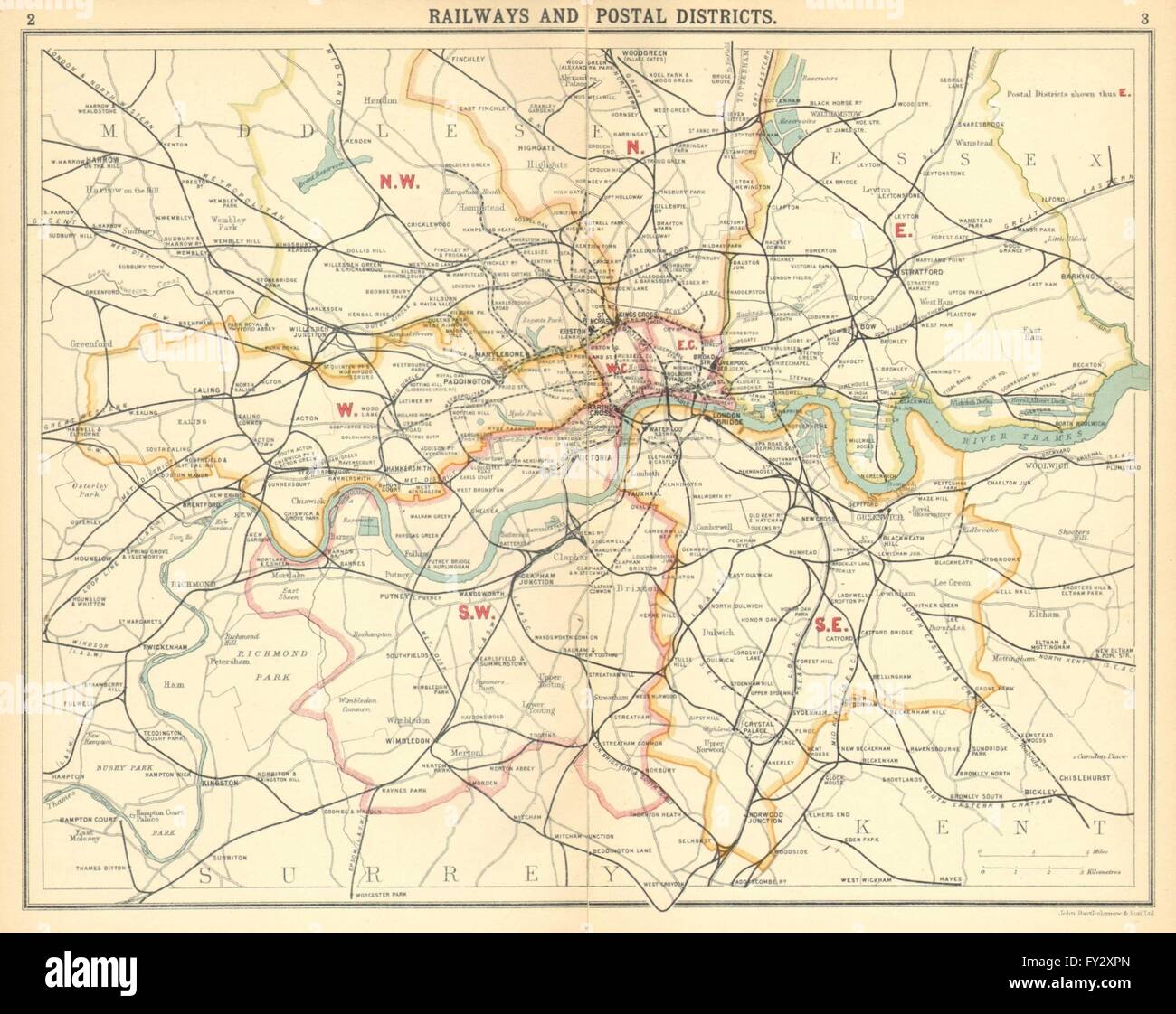 LONDON:Railways Postal Districts.Underground tube lines, 1921 vintage map Stock Photo