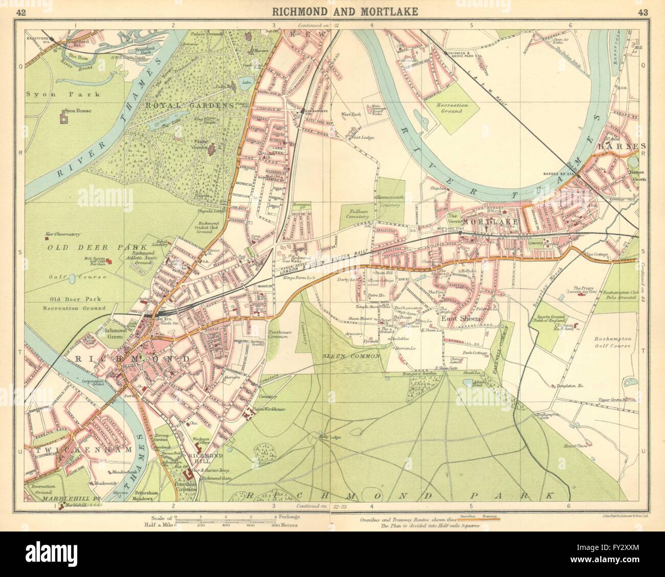 LONDON SW:Richmond Mortlake Kew Twickenham Barnes E Sheen Petersham, 1921 map Stock Photo