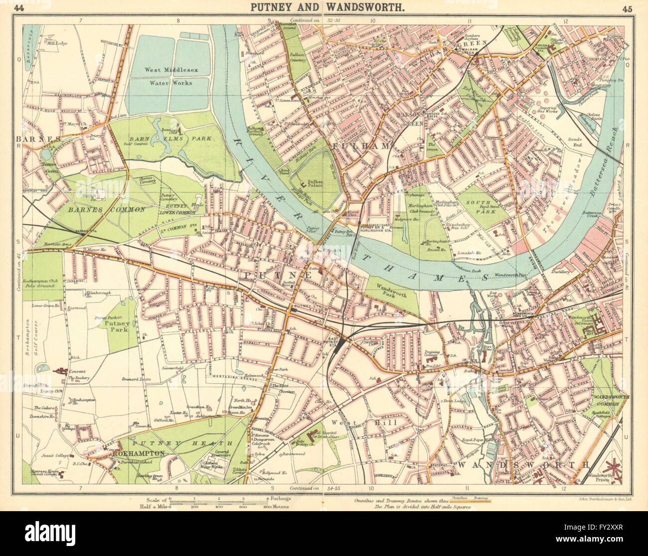 LONDON SW: Putney Wandsworth Fulham Barnes Parson's Green Roehampton, 1921 map Stock Photo