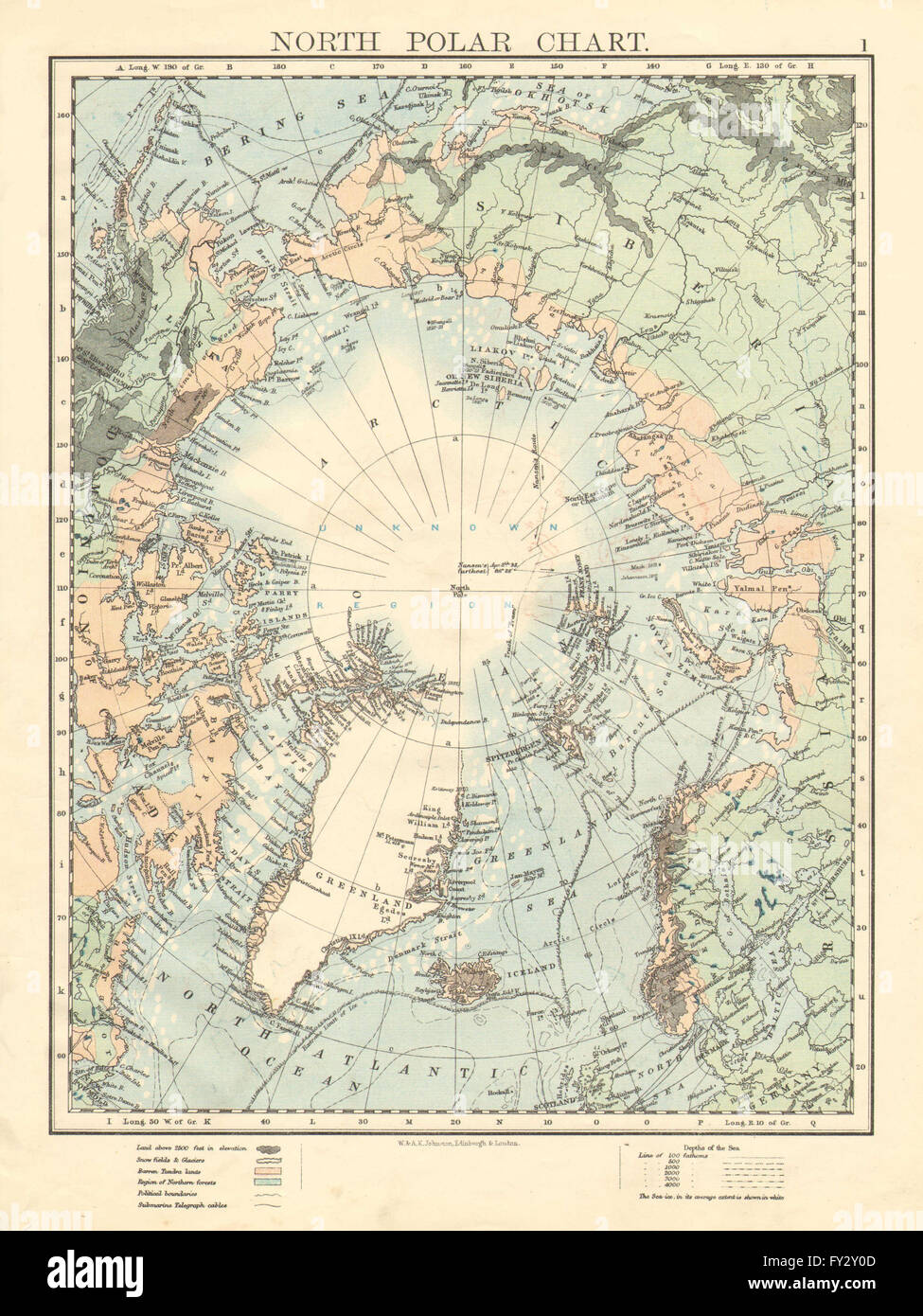 NORTH POLAR CHART. Shows explorers' routes. Nansen 1895. JOHNSTON, 1899 ...