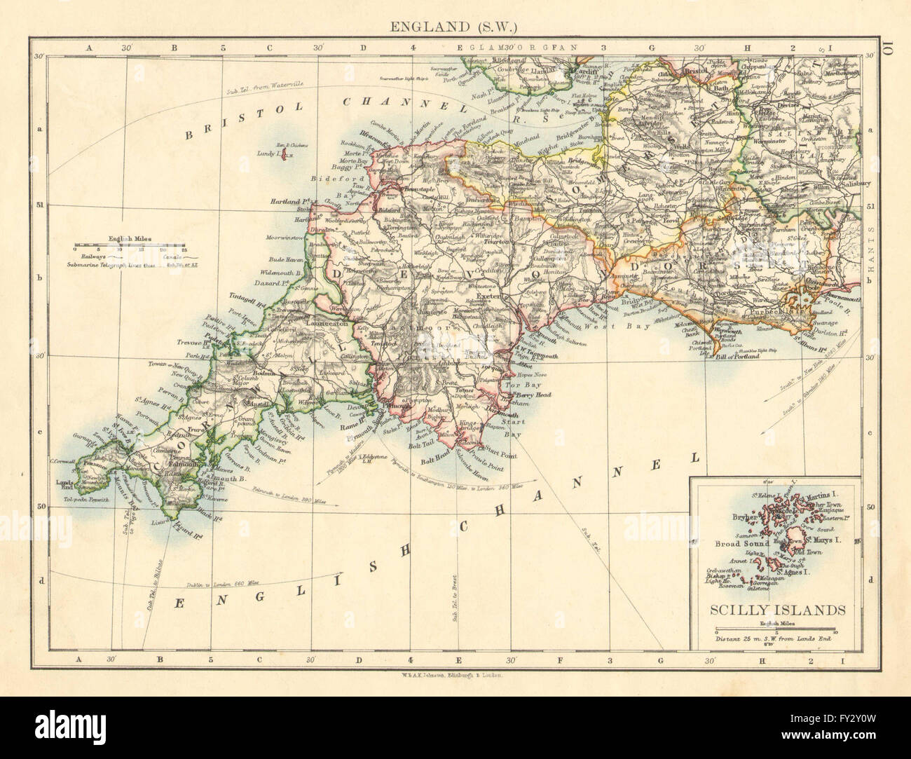 Map Of Devon Cornwall Somerset And Dorset South West England.devon Cornwall Dorset Somerset.telegraphs.johnston, 1899  Map Stock Photo - Alamy