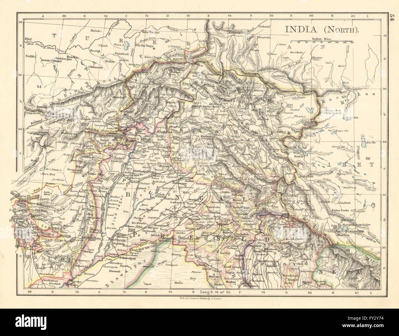 BRITISH INDIA NORTH. Jammu Kashmir Punjab Himalayas. JOHNSTON, 1899 old map Stock Photo