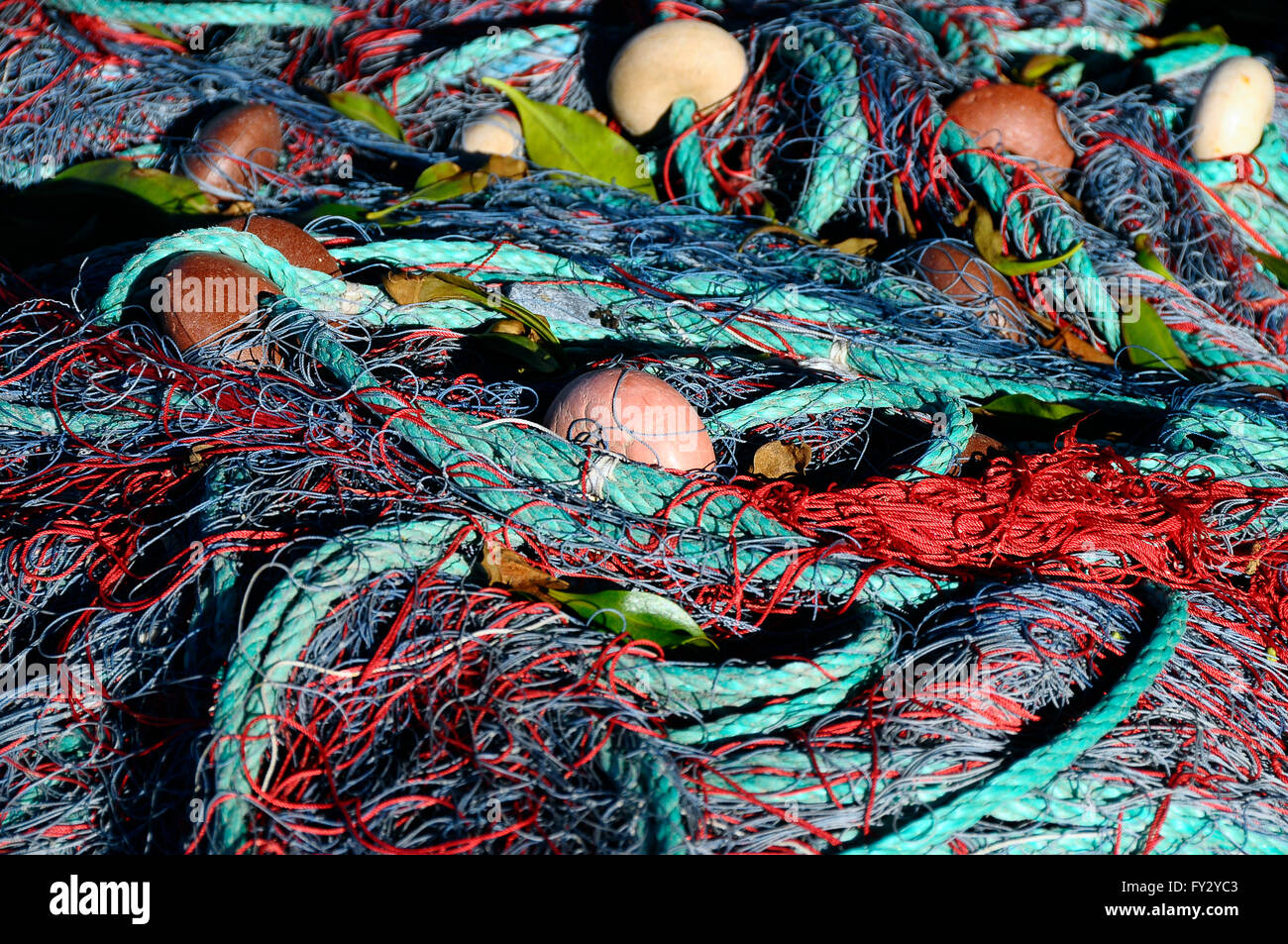 Close up of colored Fishing nets for background Stock Photo