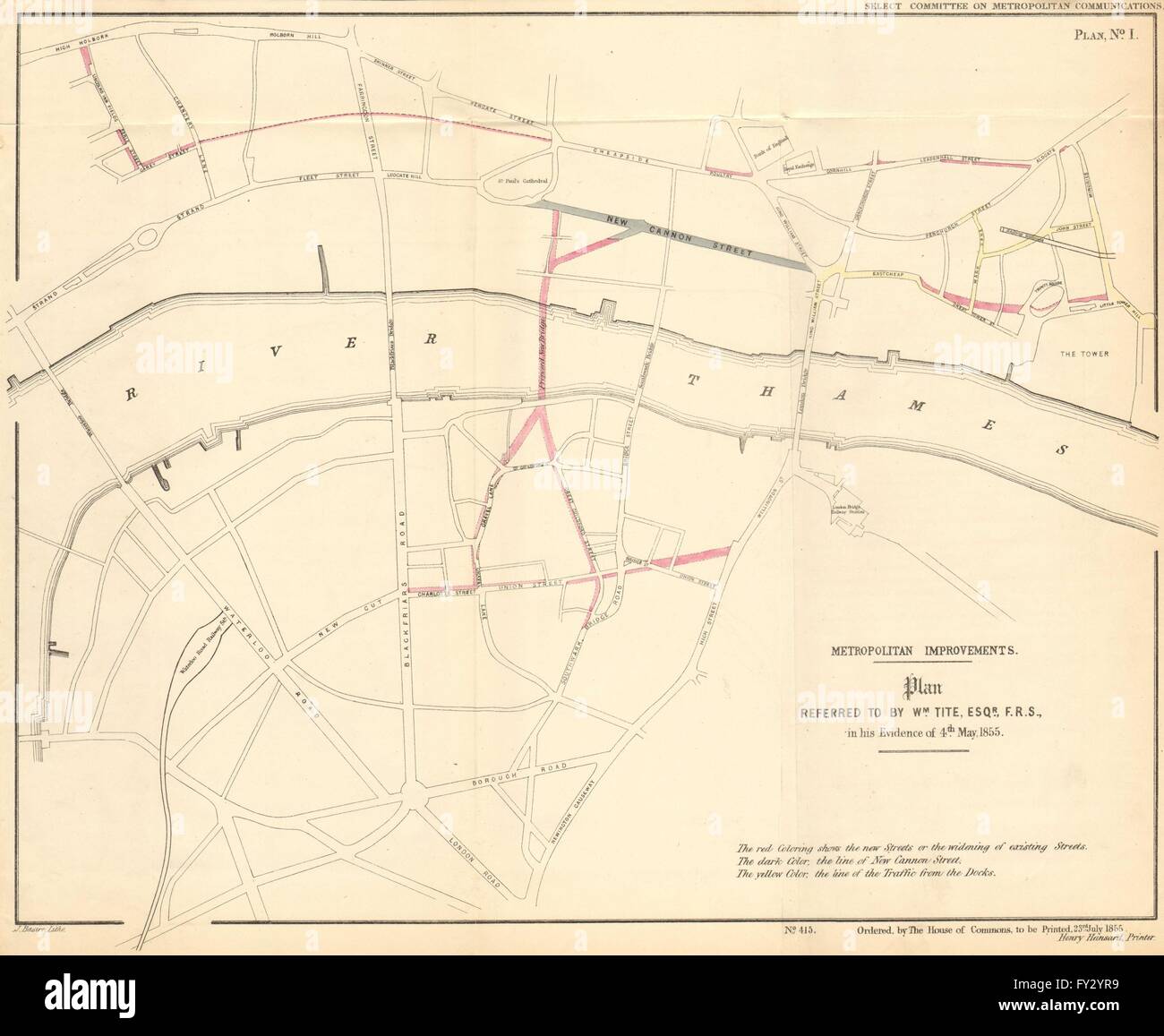 Proposed London road improvements, including ST PAUL'S BRIDGE. TITE, 1855 map Stock Photo