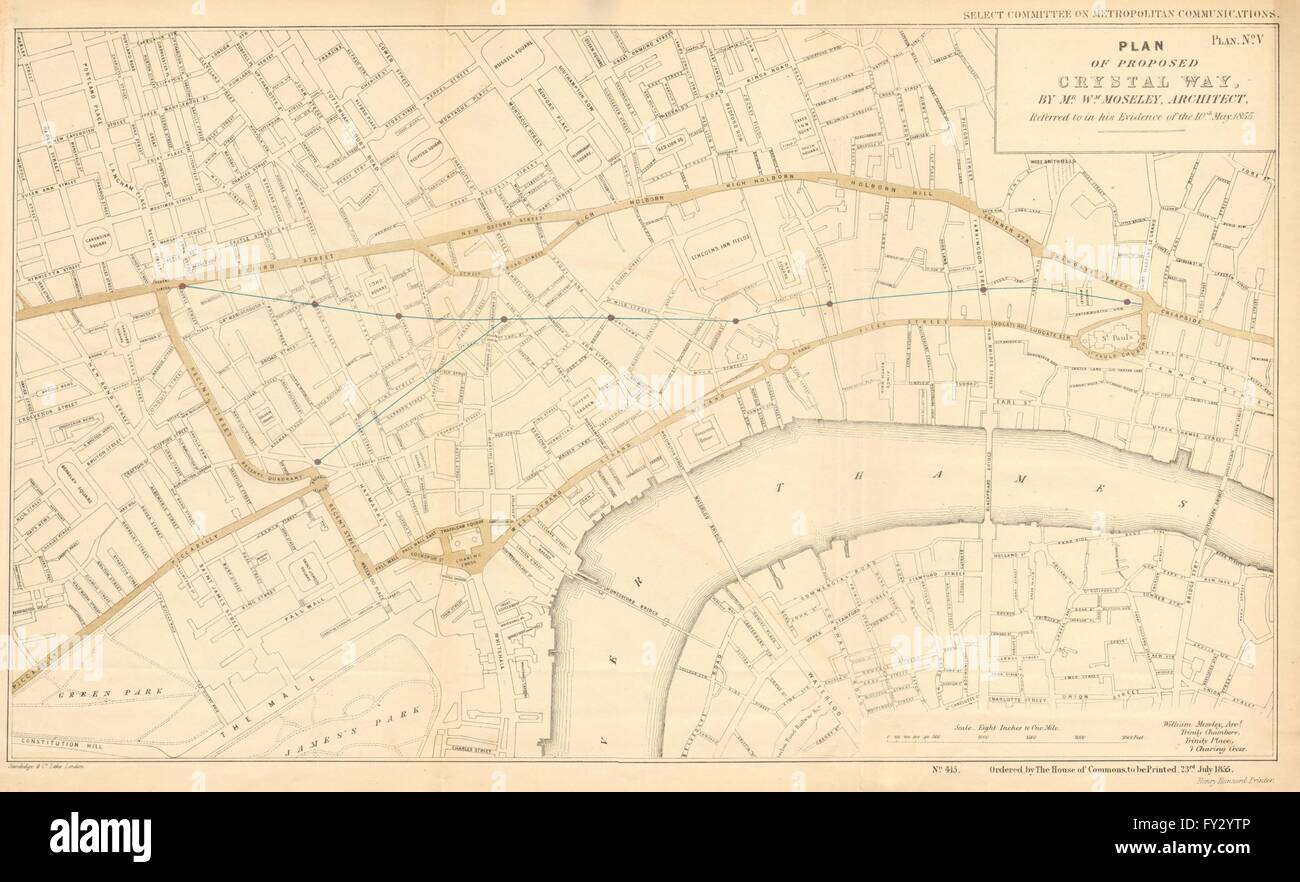 Proposed CRYSTAL WAY. Oxford Circus - Cheapside. WILLIAM MOSELEY, 1855 old map Stock Photo