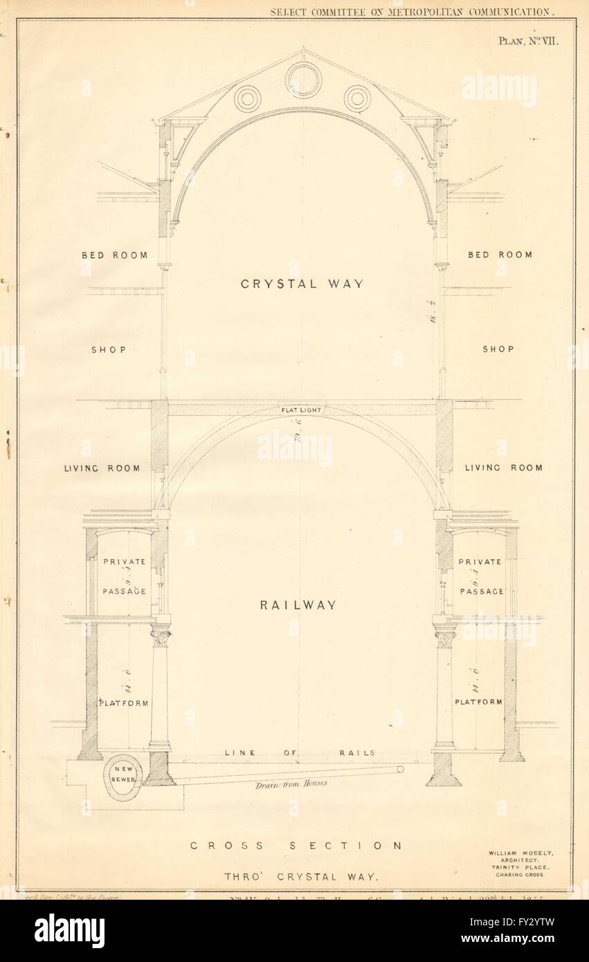 Cross-section of William Moseley's CRYSTAL WAY and Railway, antique print 1855 Stock Photo