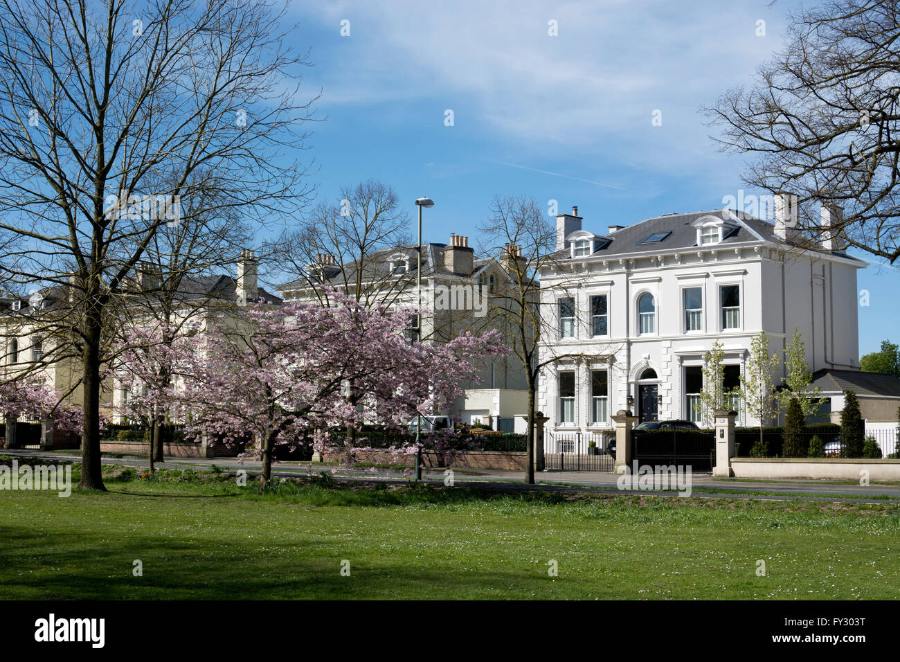 Houses in Evesham Road from Pittville Park, Cheltenham, Gloucestershire, England, UK Stock Photo