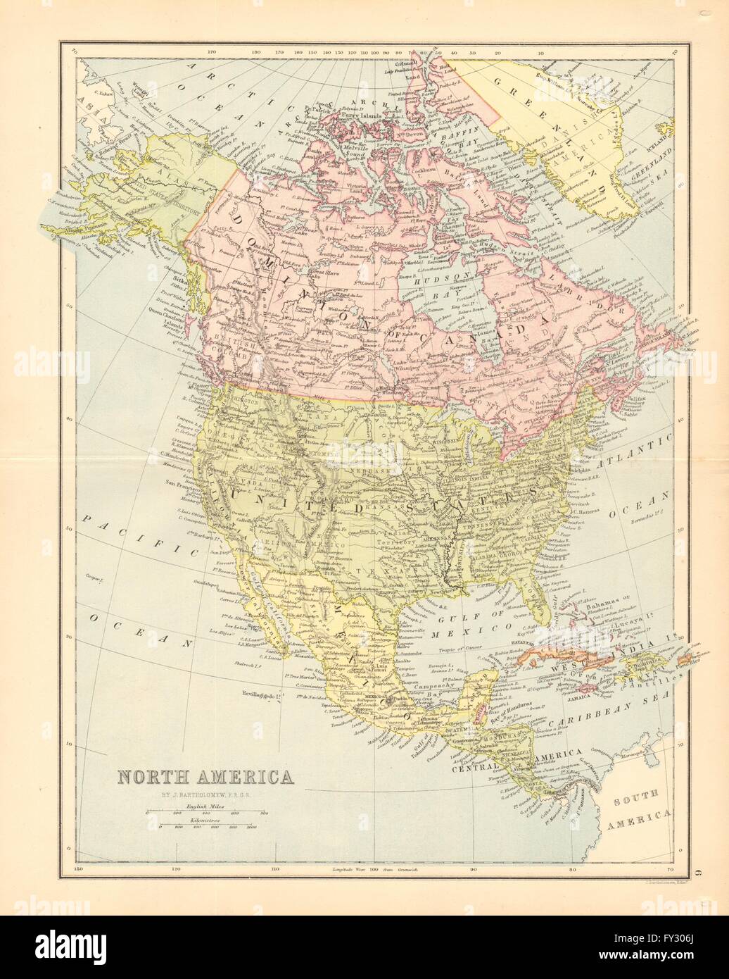 NORTH AMERICA. Shows part of Greenland as Canadian. BARTHOLOMEW, 1876 old map Stock Photo