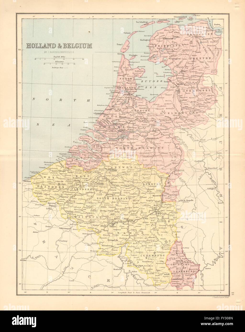 holland belgium luxembourg bartholomew 1876 antique map
