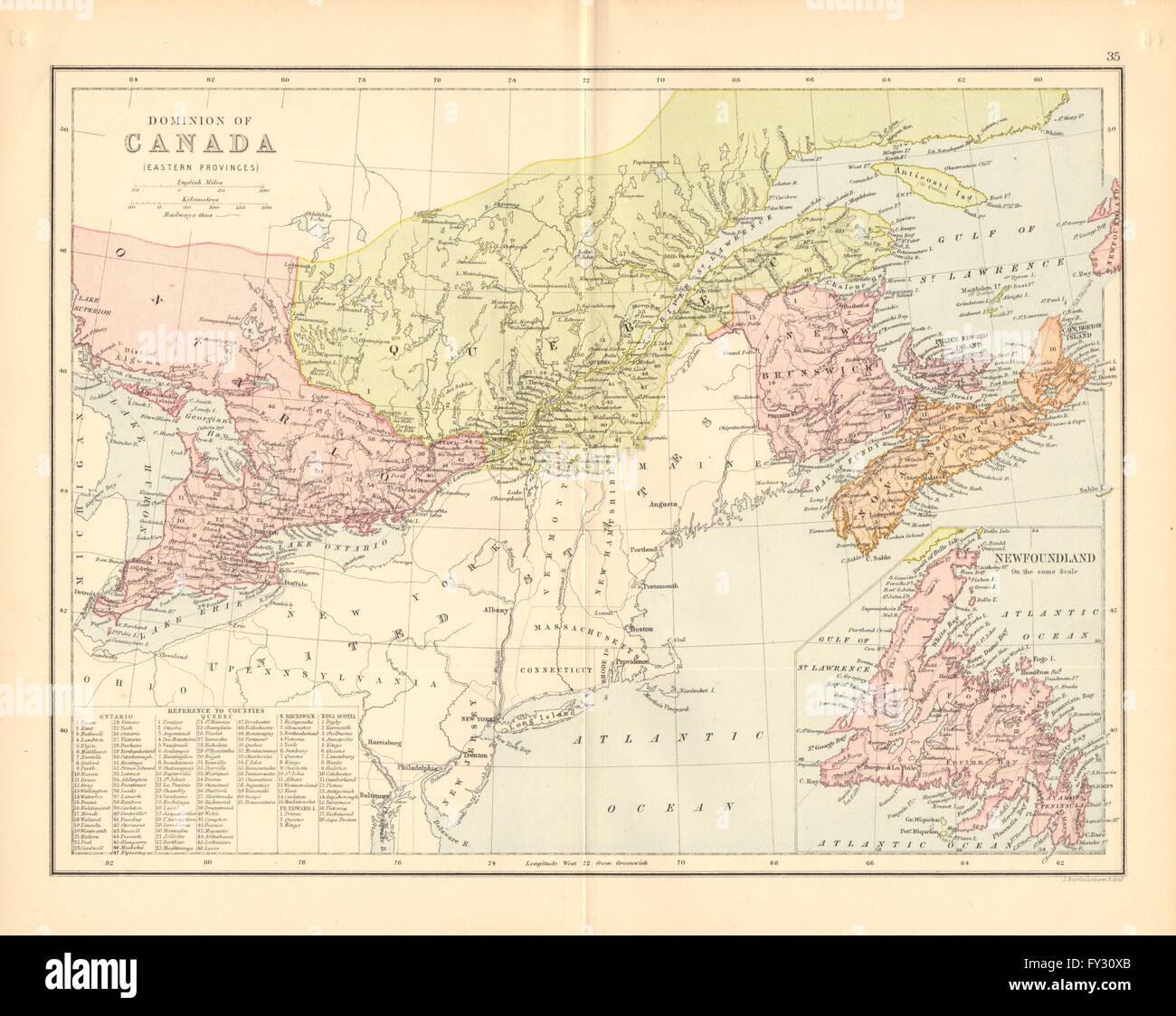 CANADA EAST. 'Dominion of Canada'. Ontario Quebec NB NS. BARTHOLOMEW, 1876 map Stock Photo