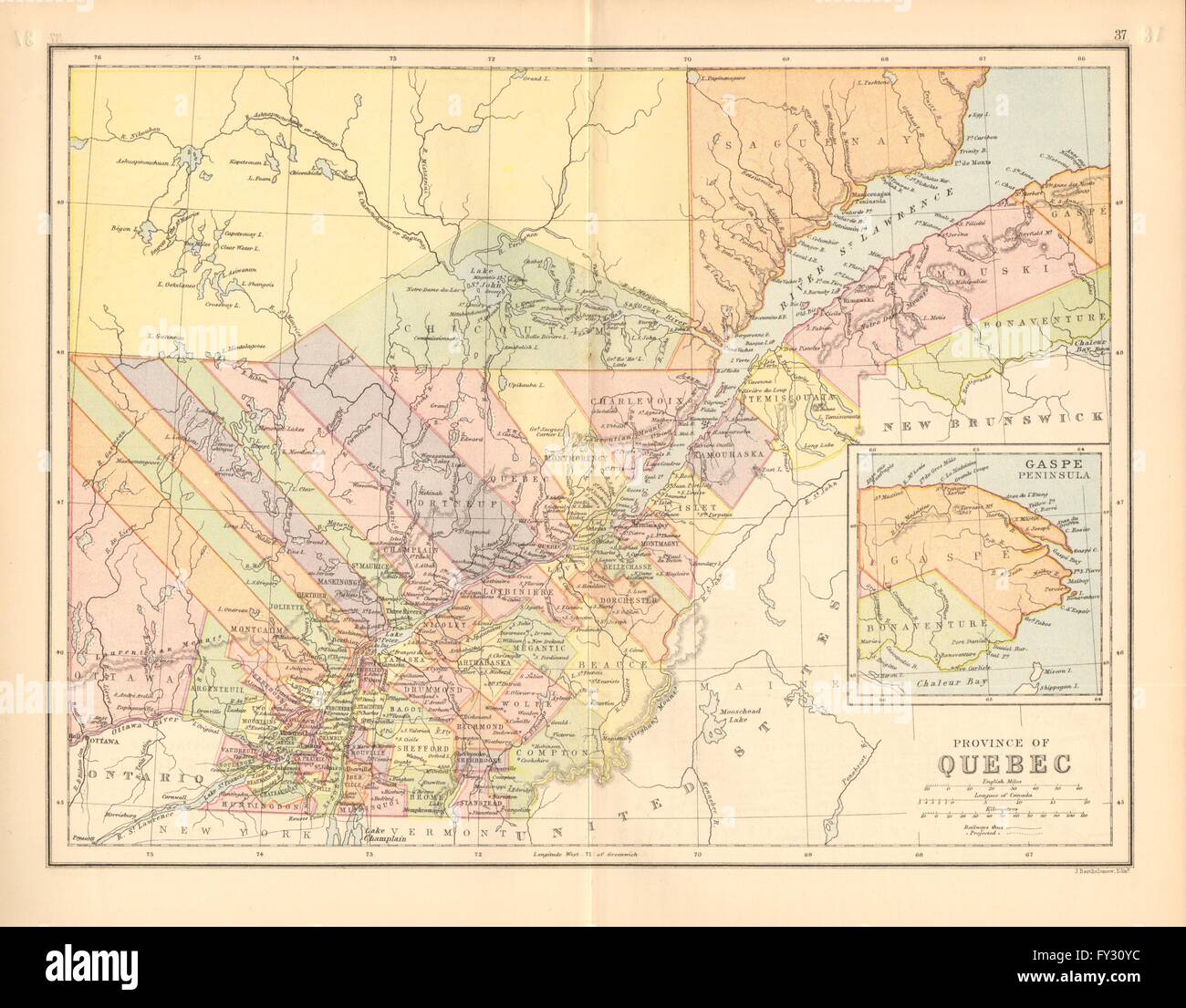 QUEBEC. St Lawrence. Counties. Railways. Canada. BARTHOLOMEW, 1876 antique map Stock Photo