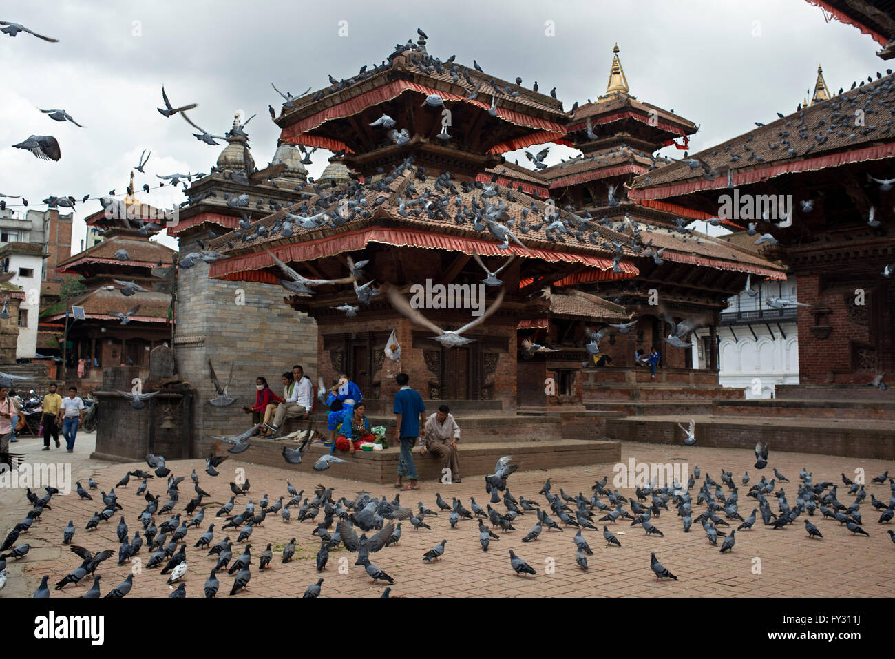 Pigeons, Durbar Square, Kathmandu, Nepal. A corn grain sales woman at Basantapur Durbar Square with flying pigeons, Stock Photo