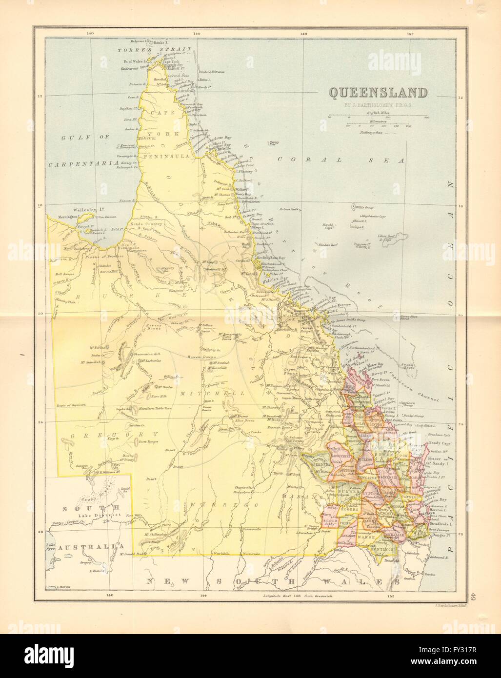 QUEENSLAND. State map shows 37 counties. Railways. Brisbane. Australia, 1876 Stock Photo