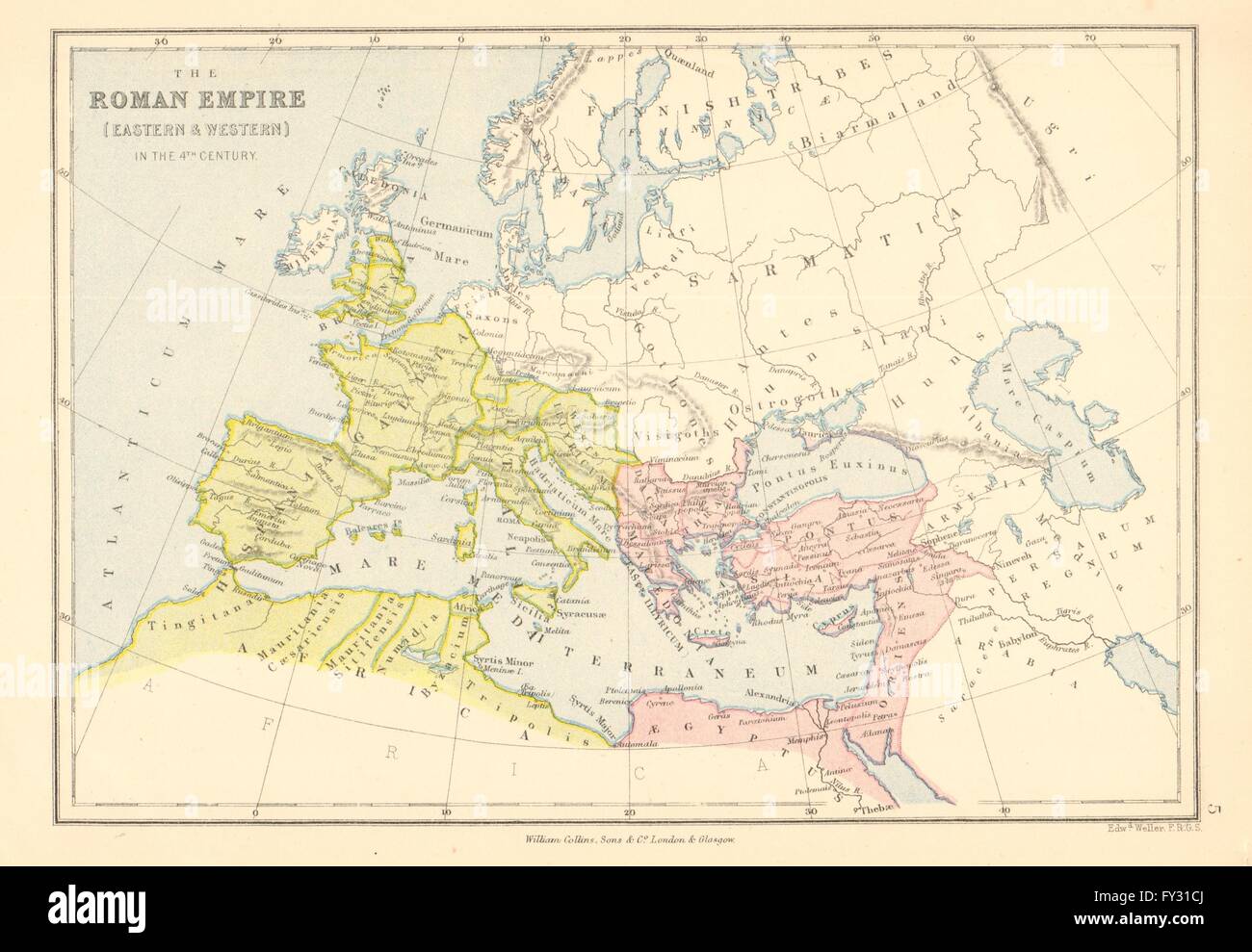 ROMAN EMPIRE. In the 4th century. Eastern & Western. BARTHOLOMEW, 1876 old map Stock Photo