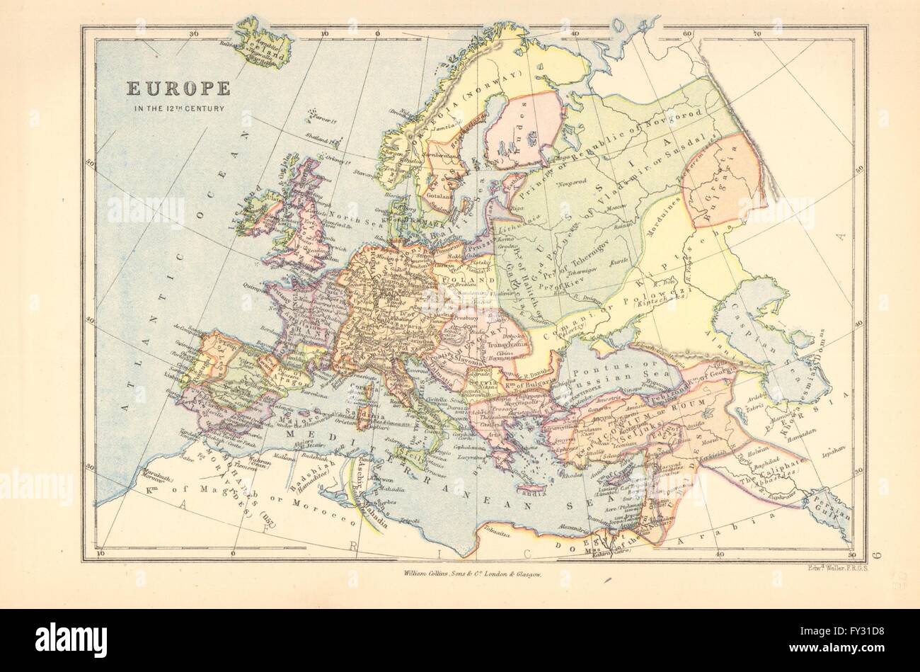 'Europe in the 12th Century'. BARTHOLOMEW, 1876 antique map Stock Photo