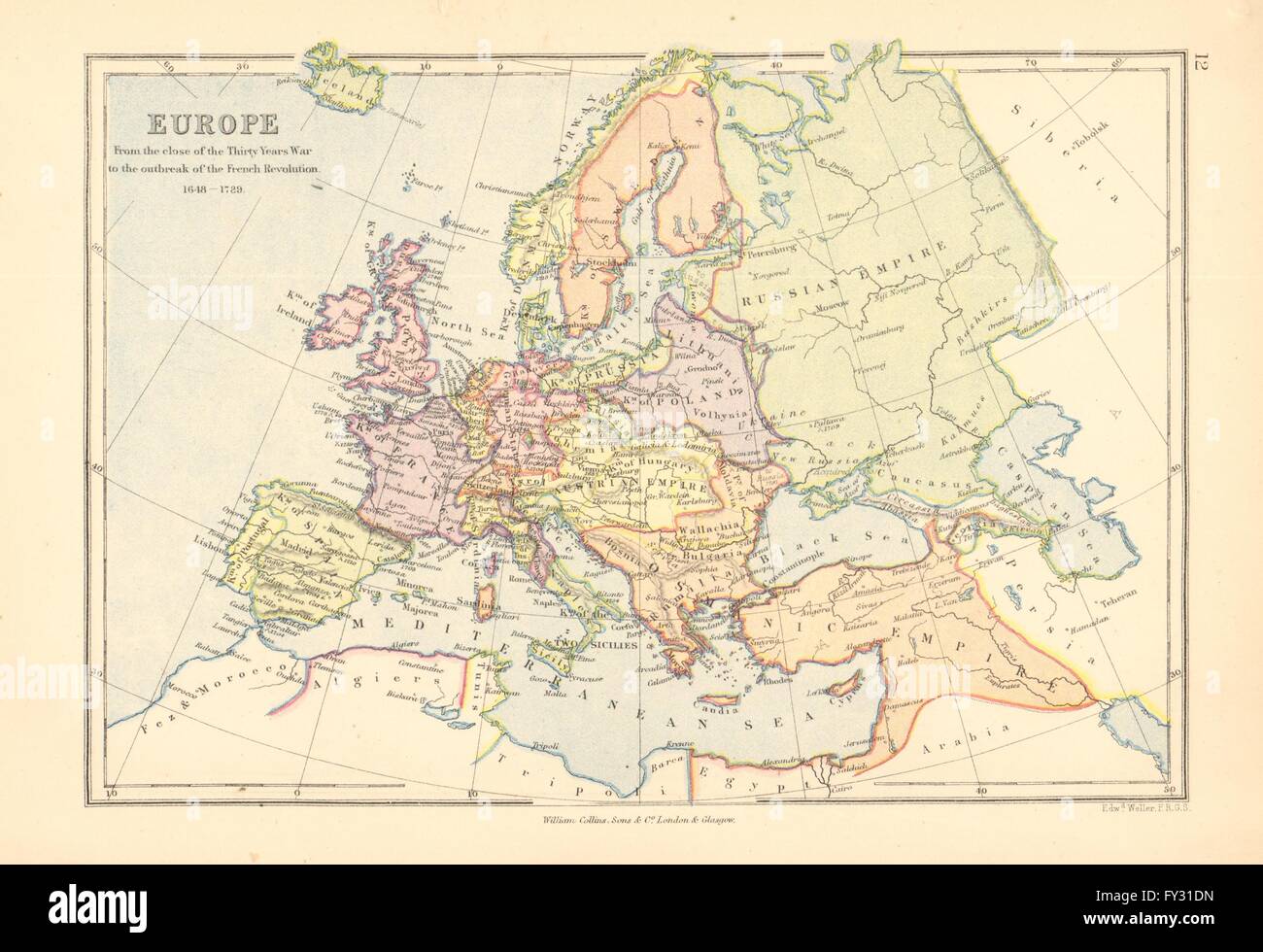EUROPE 1648-1789. End of the Thirty years war to the French Revolution, 1876 map Stock Photo