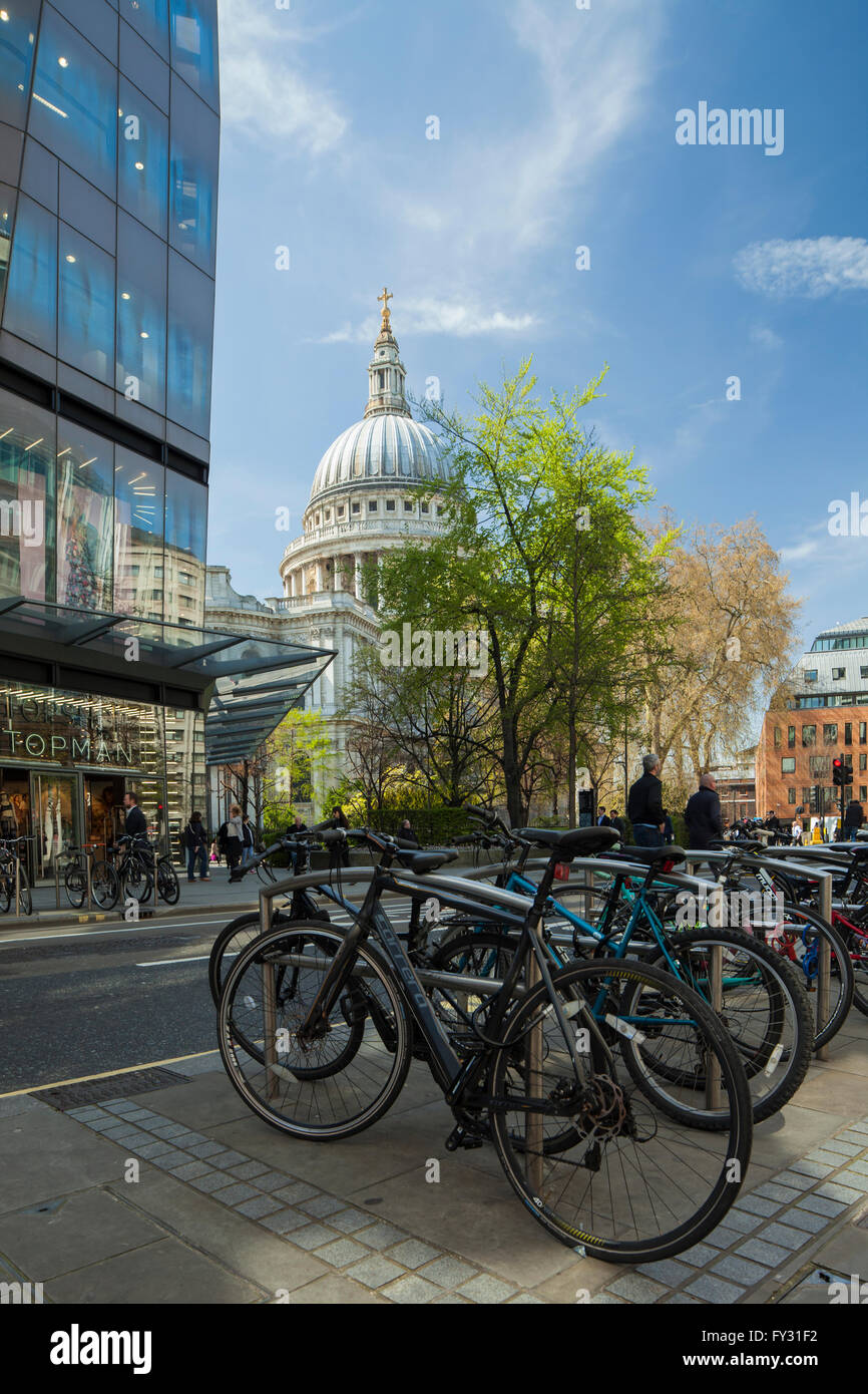 St Paul's cathedral dome seen from Cheapside, City of London, England. Stock Photo