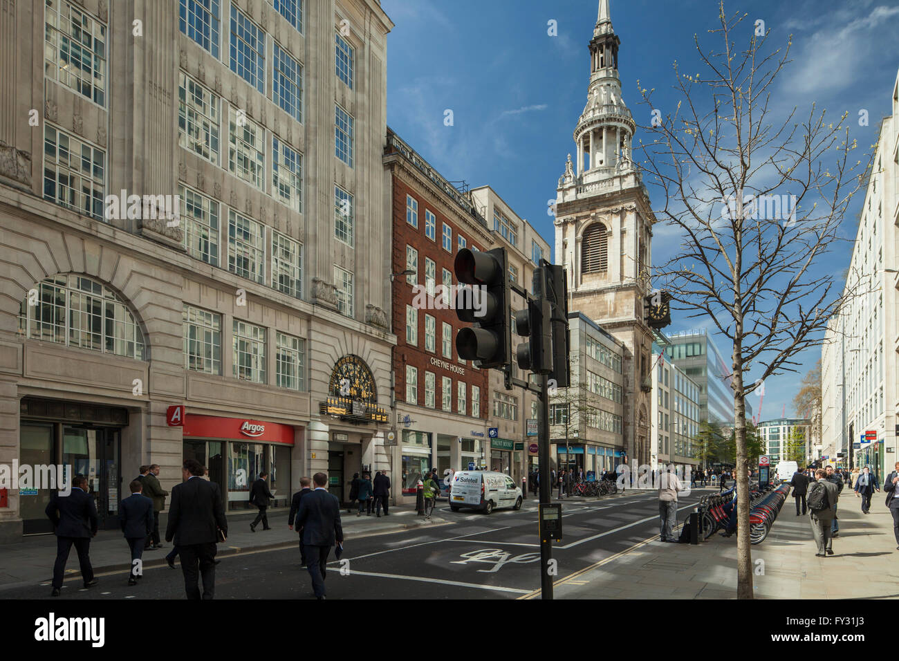 Early spring afternoon on Cheapside, Mary-le-Bow church in the distance. Stock Photo