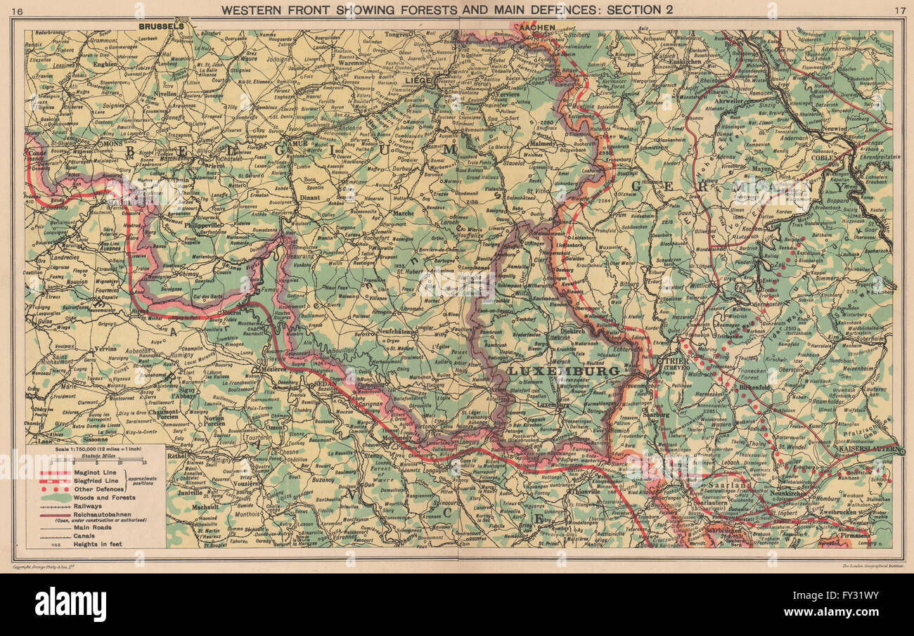 WORLD WAR 2: Maginot & Siegfried lines defences. Pre-invasion. Belgium, 1940 map Stock Photo